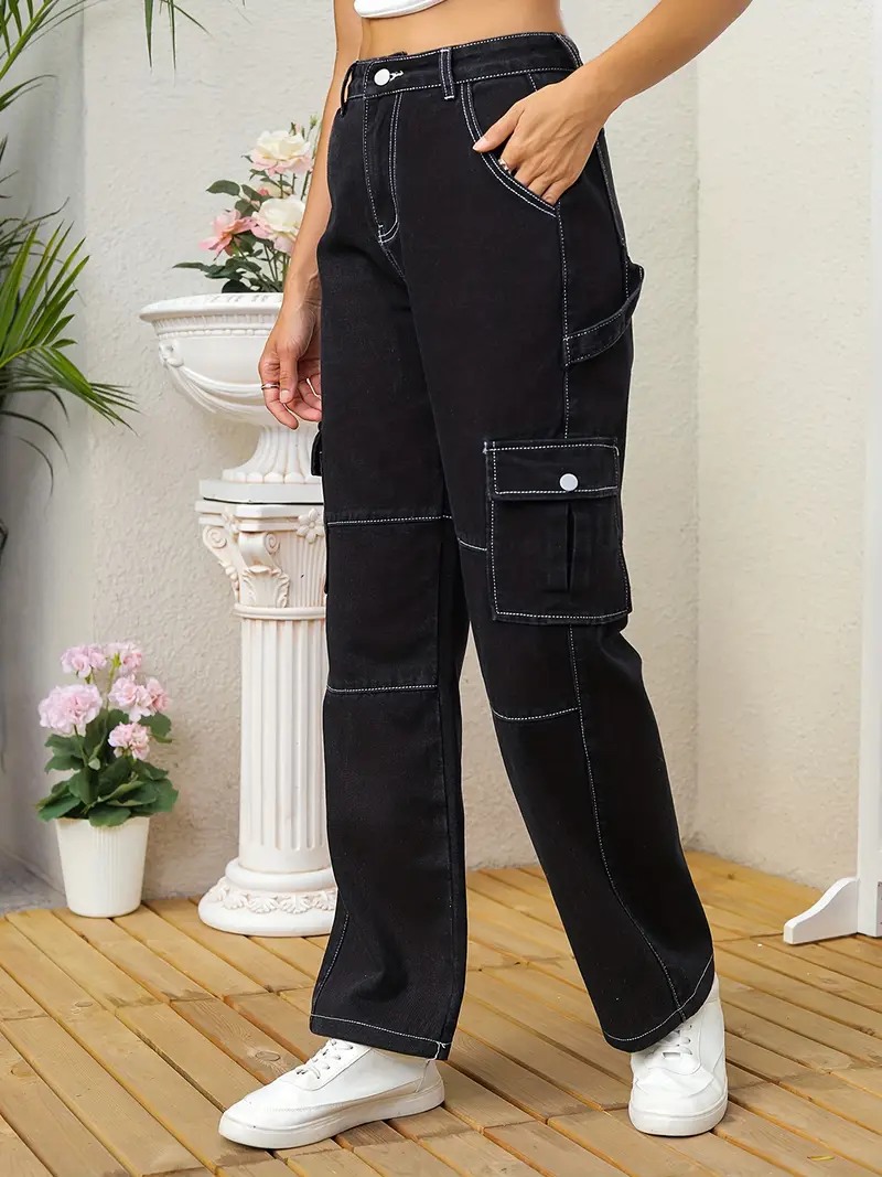 Black Flap Pockets Cargo Pants, Loose Fit Non-Stretch Y2K & Kpop Style  Straight Jeans, Women's Denim Jeans & Clothing