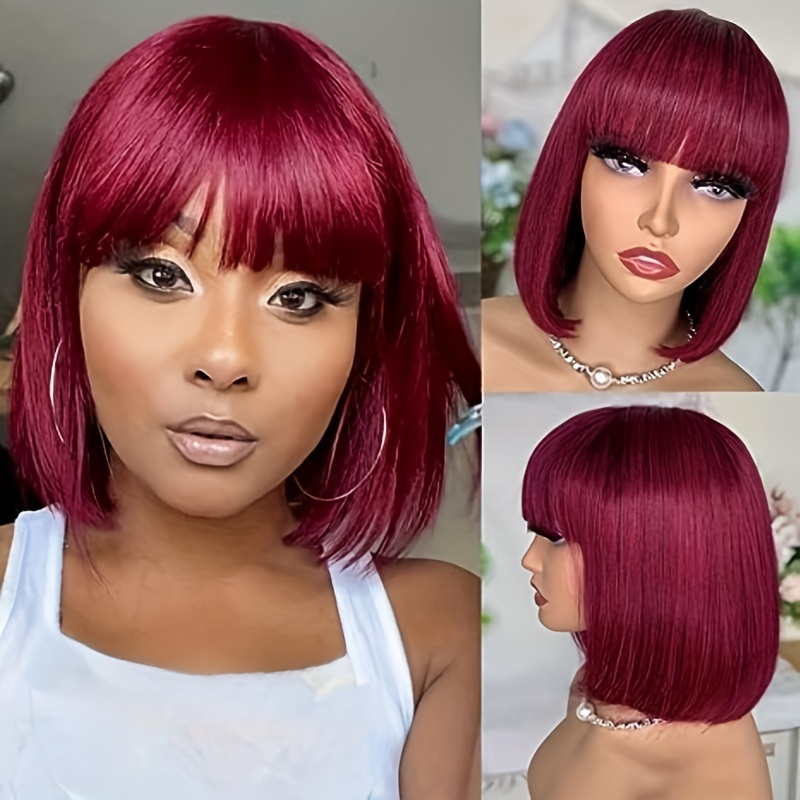 99j Burgundy Bob Wig Bangs Short Straight Bob None Lace Temu