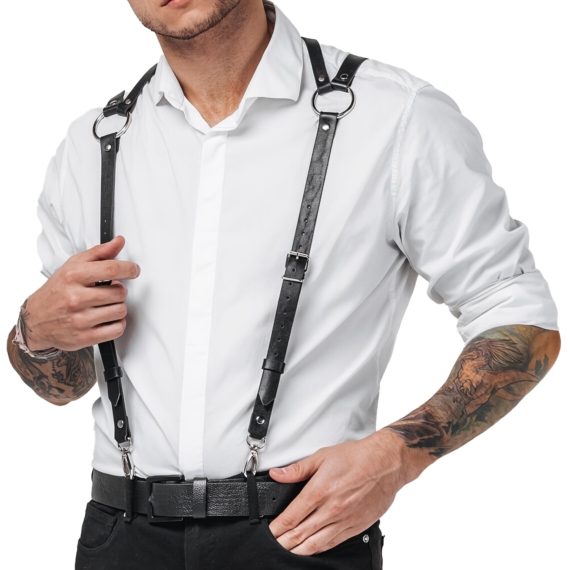 Men's Black Suspenders Belt With Leather Polyester Elastic - Temu