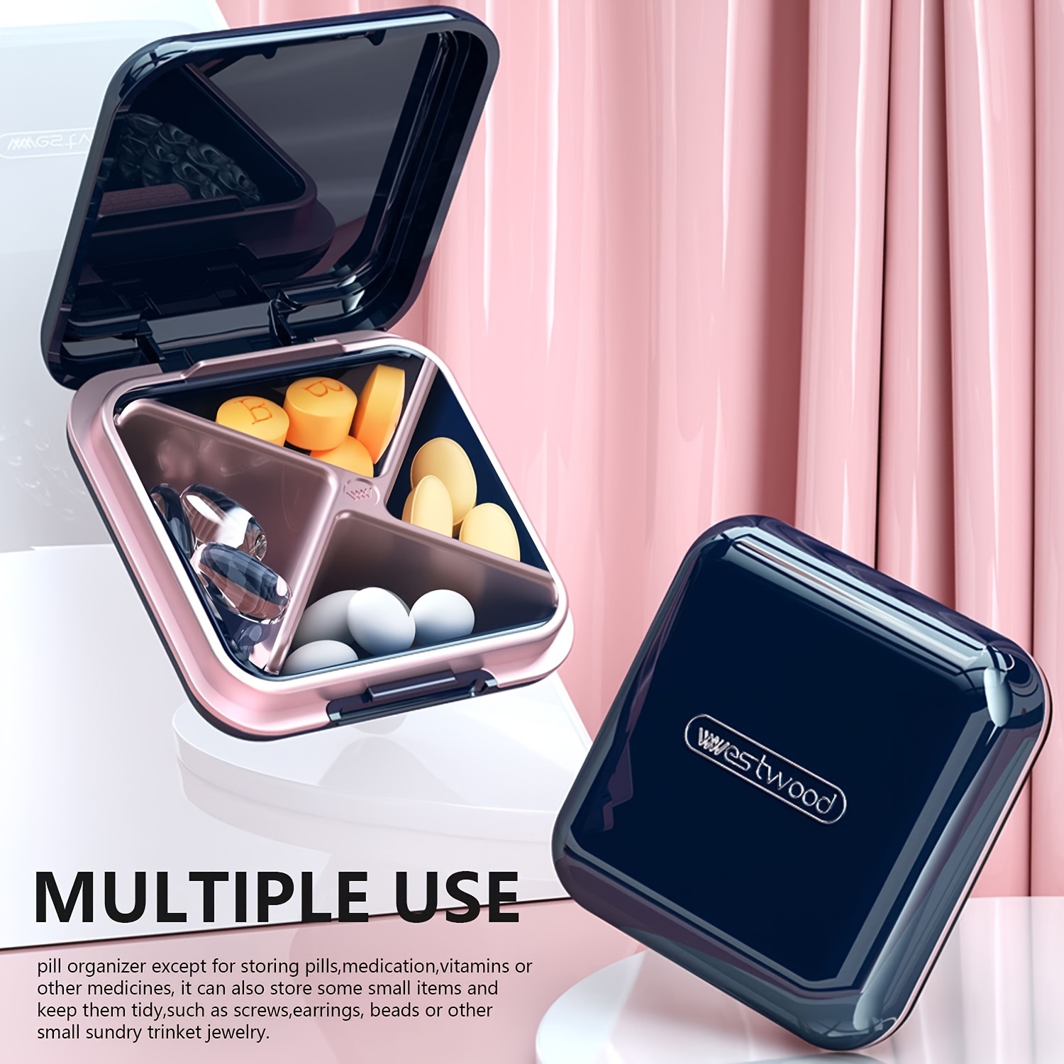 1pc 4-compartment Pill Box Travel Pill Case Portable Mini