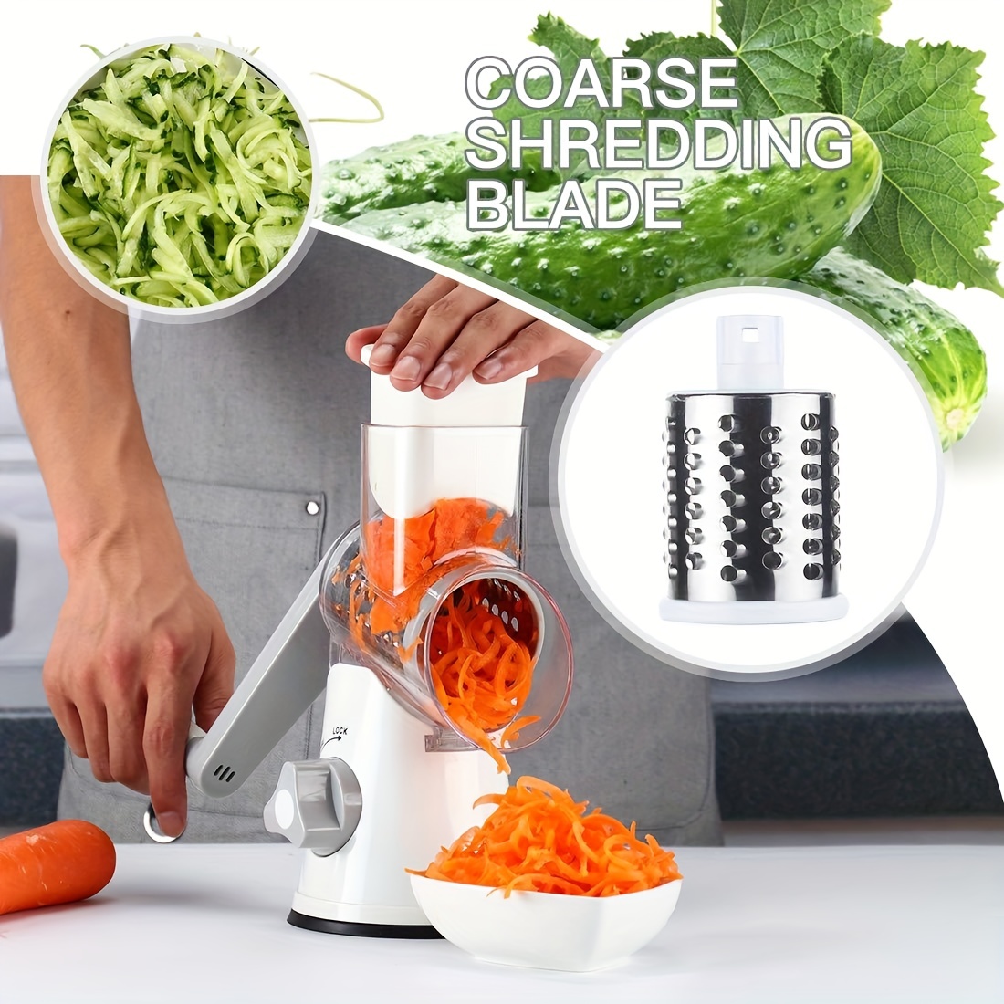 Cheese Grater with Handle, Manual Cheese Shredder with 3 Interchangeable  Blades, Rotary Cheese Grater Handheld with Strong Suction Base, Vegetable