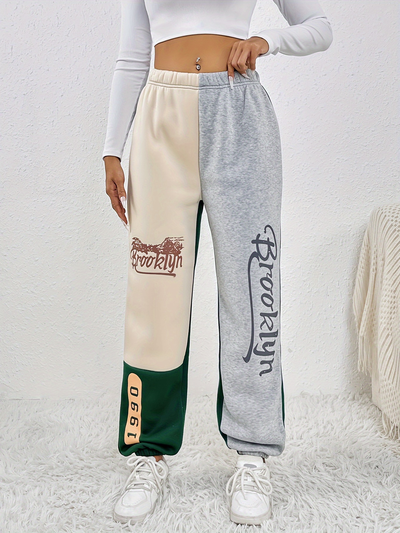 Letter Graphic Print Pants Casual Color Block Elastic Waist - Temu