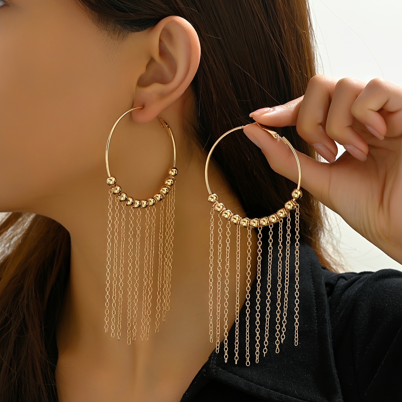 

1 Pair Elegant Minimalist Tassel Beaded Hoop Earrings Alloy 18k Gold Plated Golden Color Earrings Jewelry Vacation Beach Party Wearing