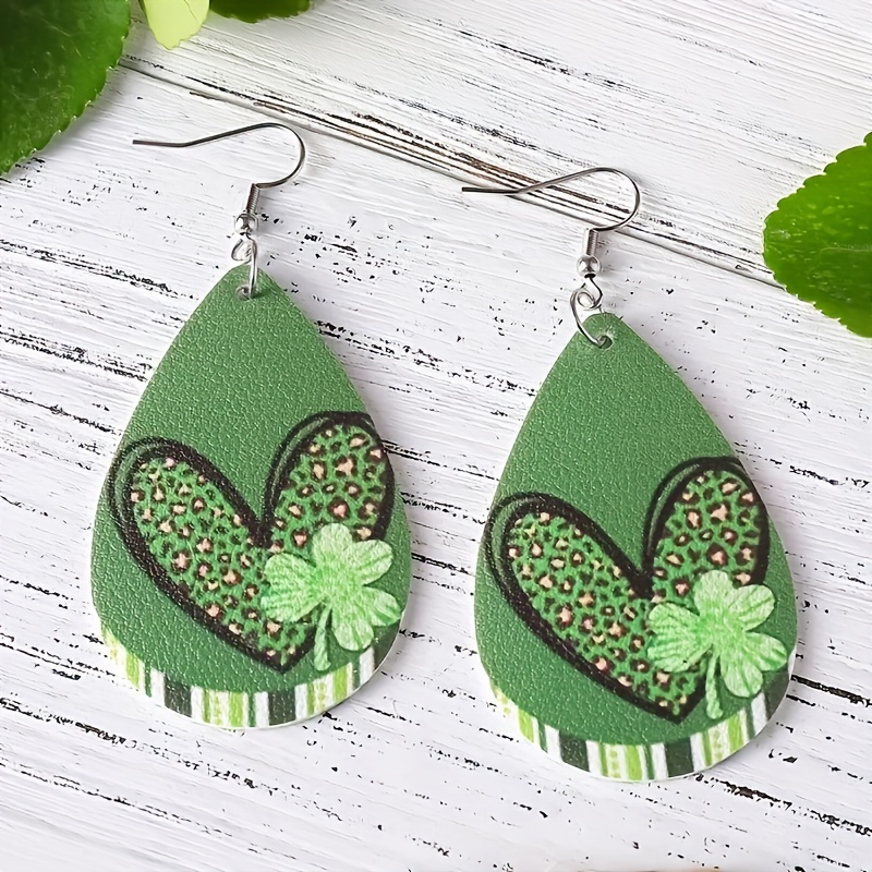 St Patrick's Green Heart Print Drop Earrings For Men Boys