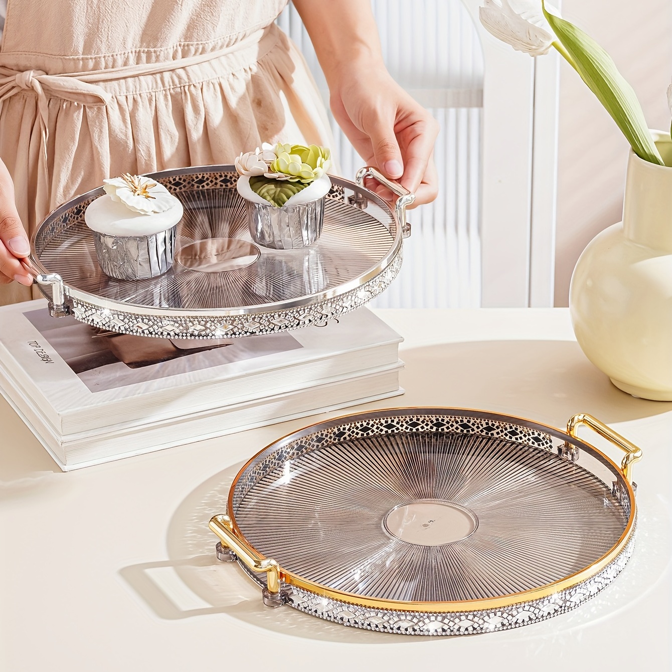 Round Platters Breakfast Tray Handles Plastic Transparent - Temu