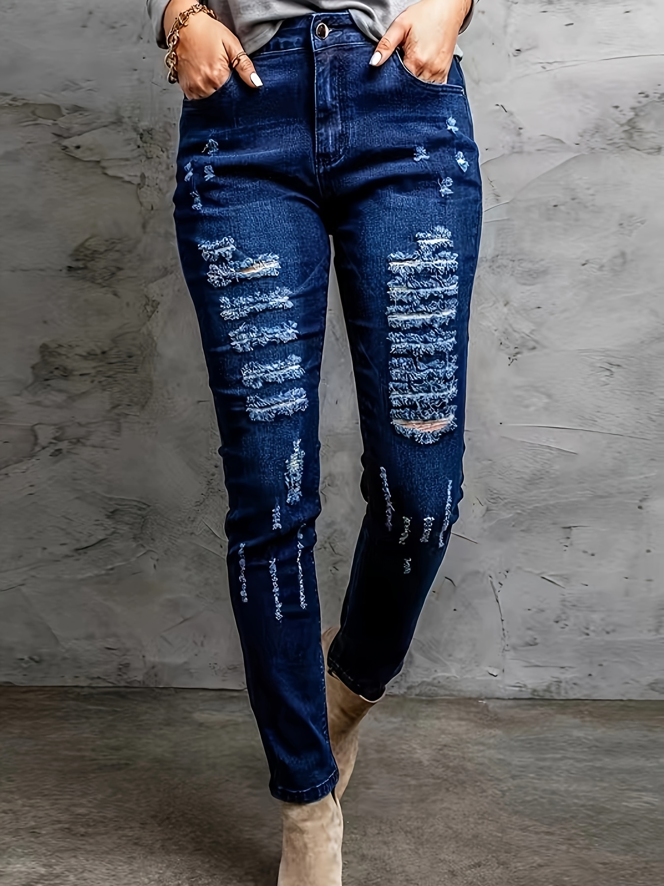 Plus Size Casual Jeans, Women's Plus Washed Ripped Button Fly High Rise  Skinny Jeans