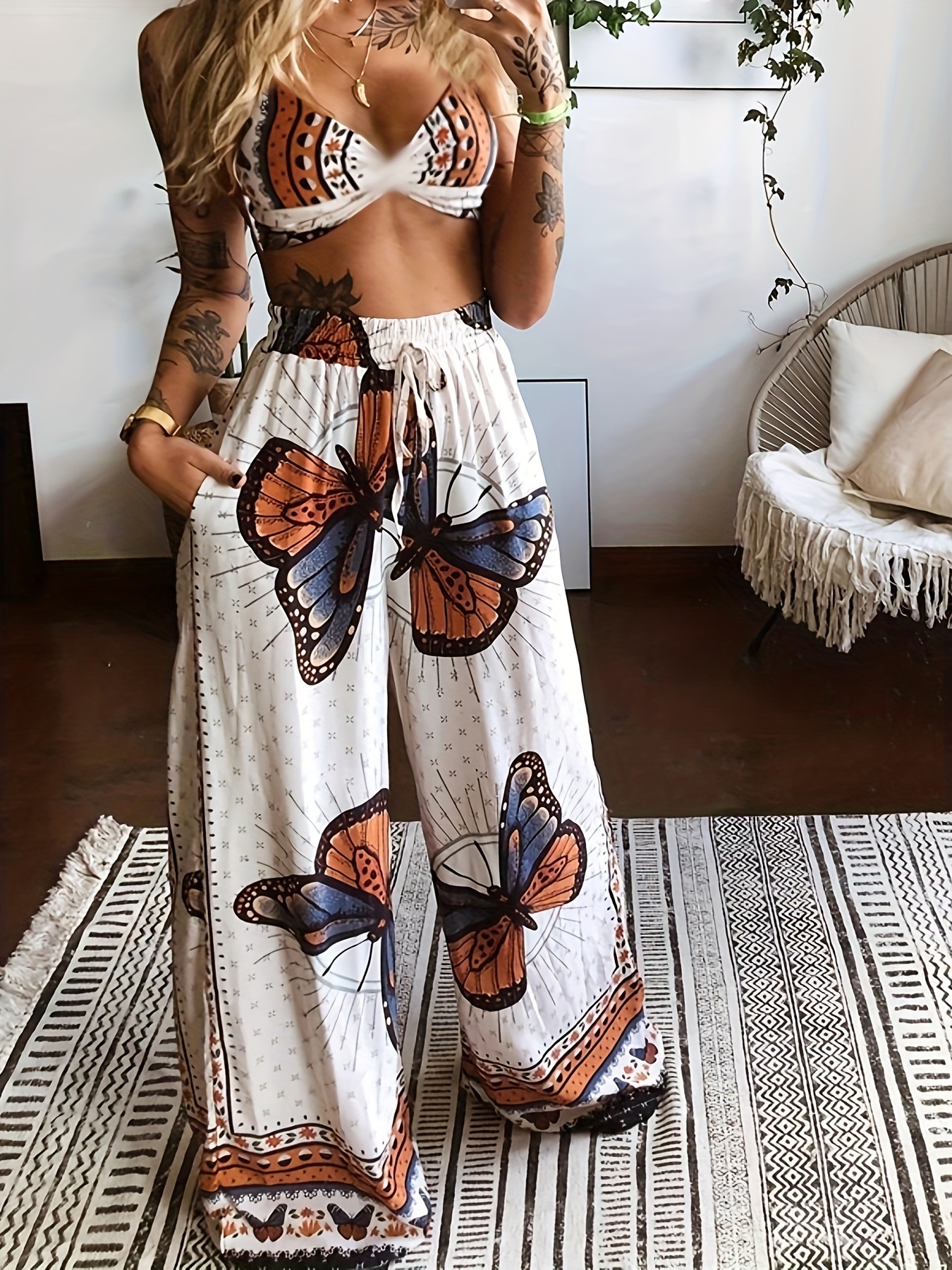Casual Butterfly Printed Bra Tops Long Pants Suits Women's - Temu