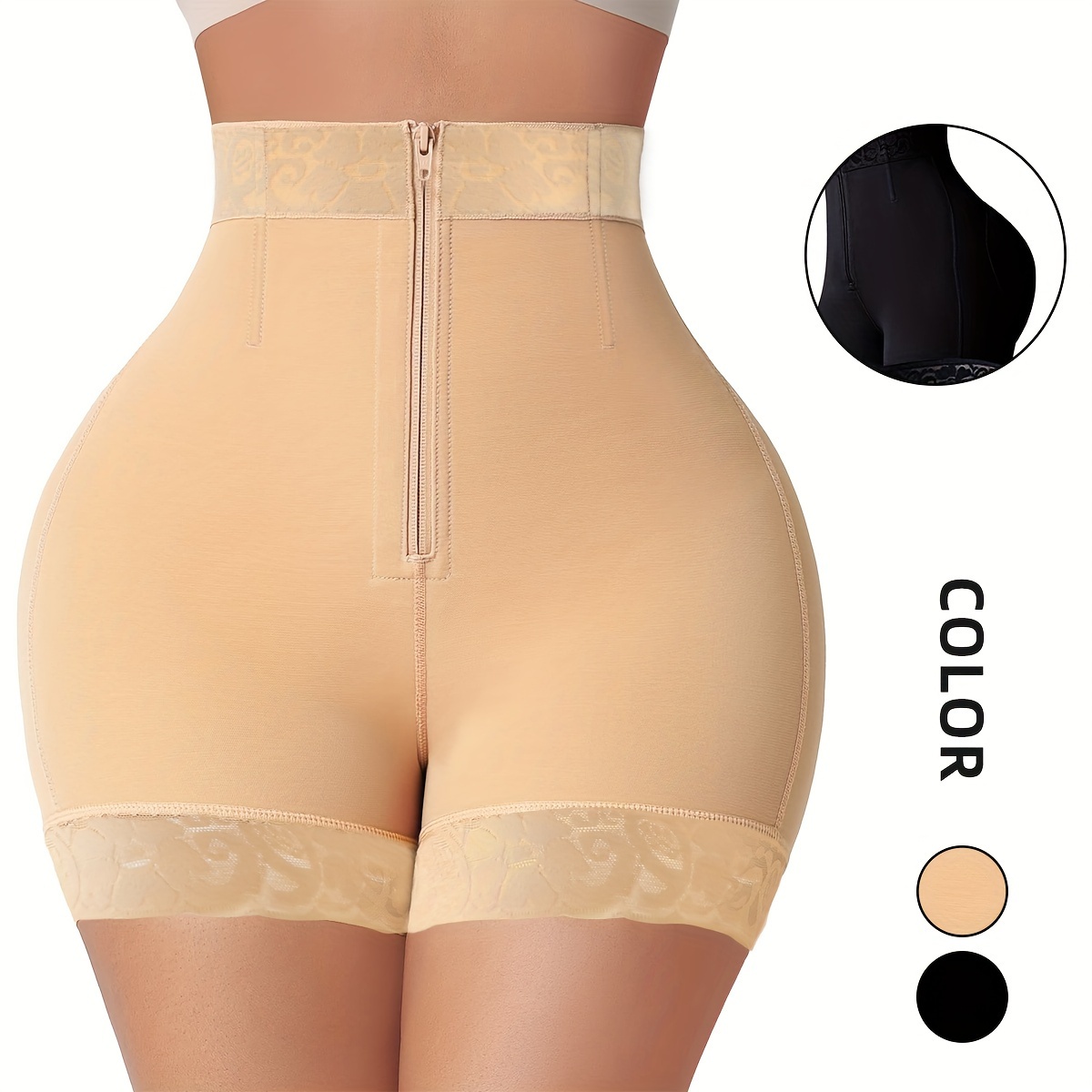 Lace Design Zipper Butt Lifting Pants, Tummy Control Body Shaper