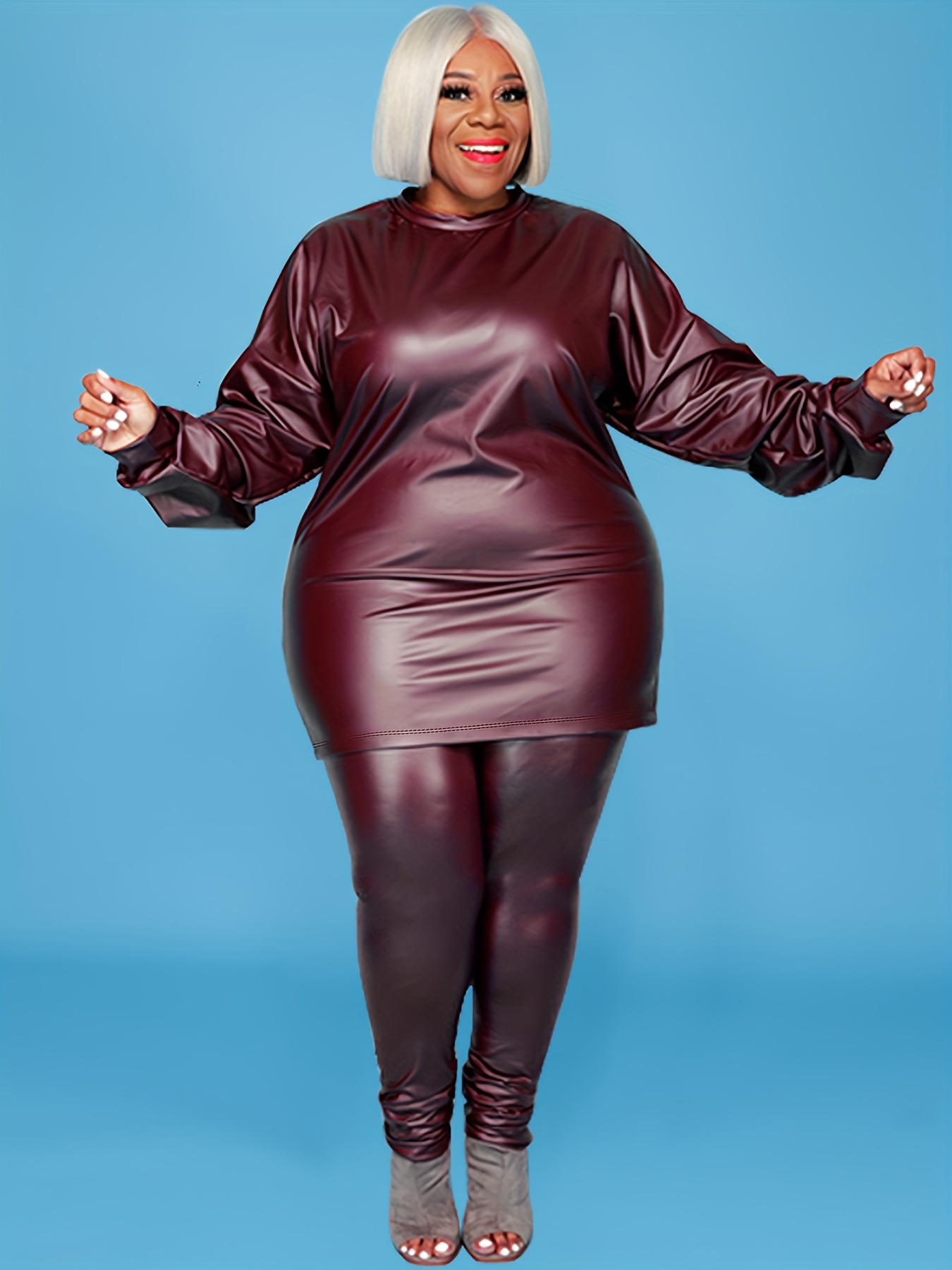 Woman Plus Size Two Piece Suit Women Knitted Long Sleeve Top and Pant  Streetwear Pu Leather