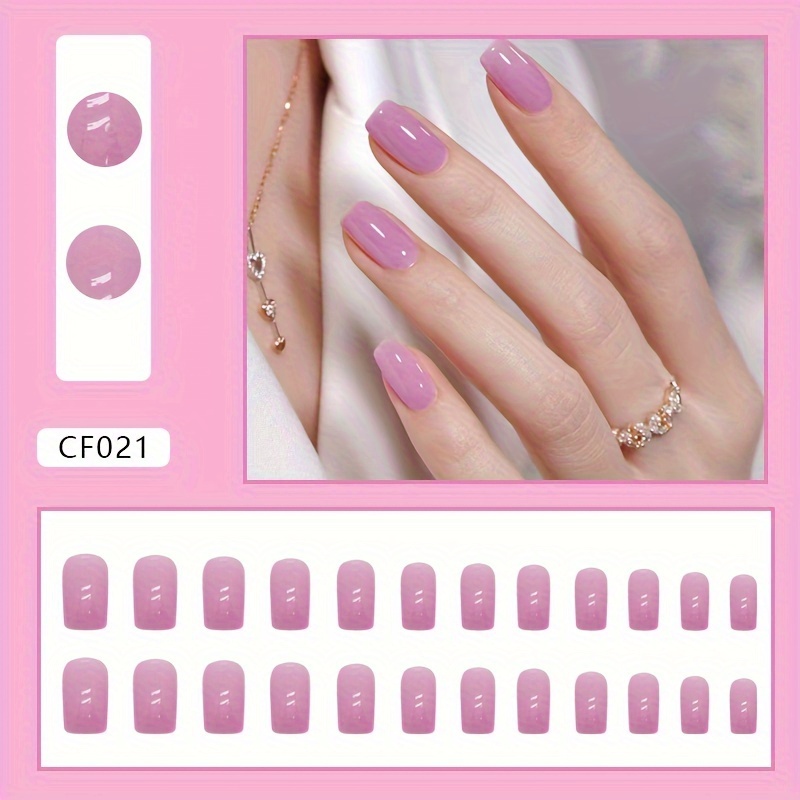 24pcs glossy medium square fake nails solid color press on nails fall winter nude yellow purple white false nails elegant nails for women girls details 5