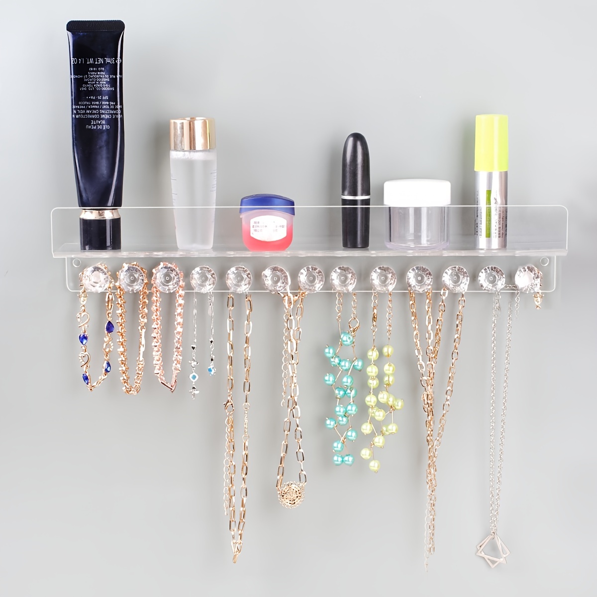 13 Hooks Wall Mounted Acrylic Jewelry Organizer With Shelf