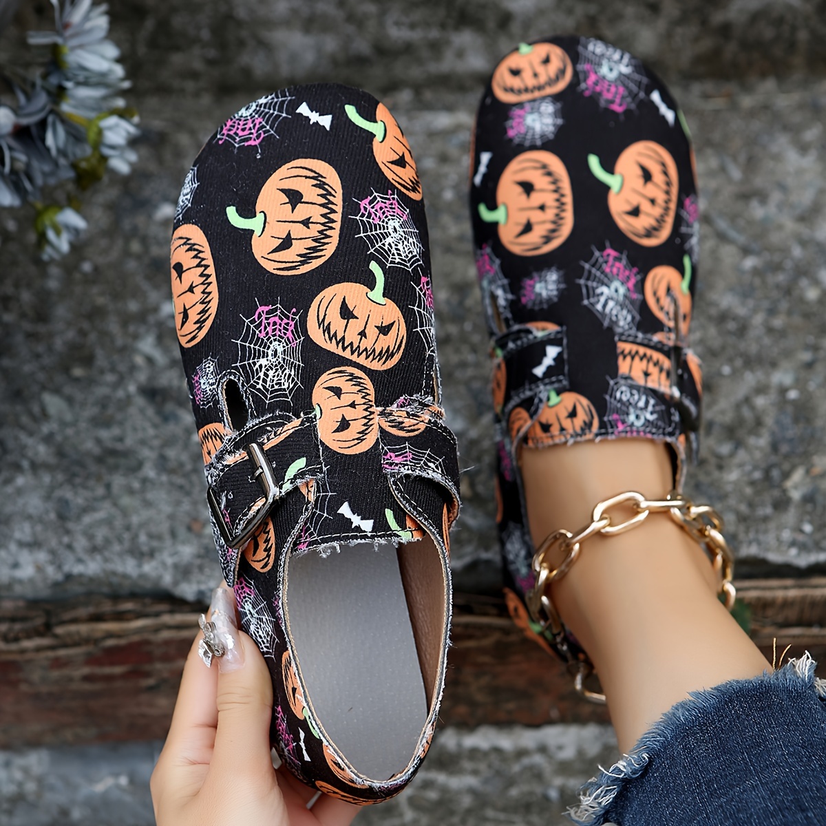 Women's Pumpkin Print Flat Mules, Elegant Point Toe Dress Shoes,  Lightweight Slip On Halloween Shoes - Temu