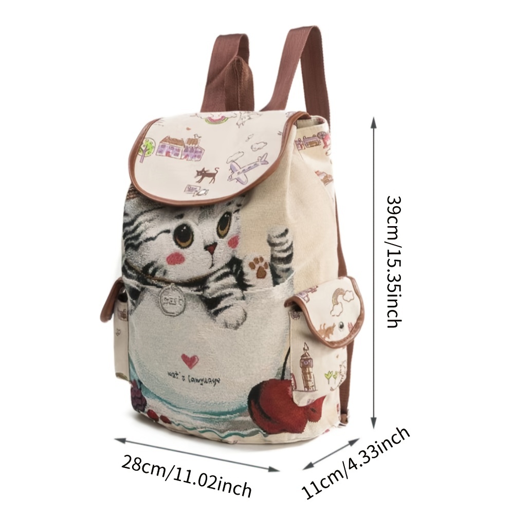 Cat Pattern Flap Backpack Animal Print Bookbag For Students