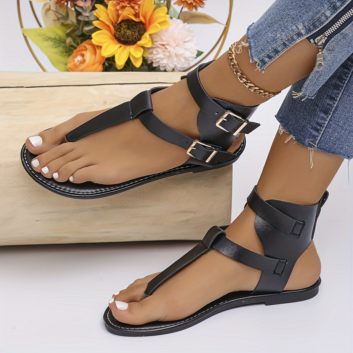 women s solid color thong sandals buckle belts lightweight details 0