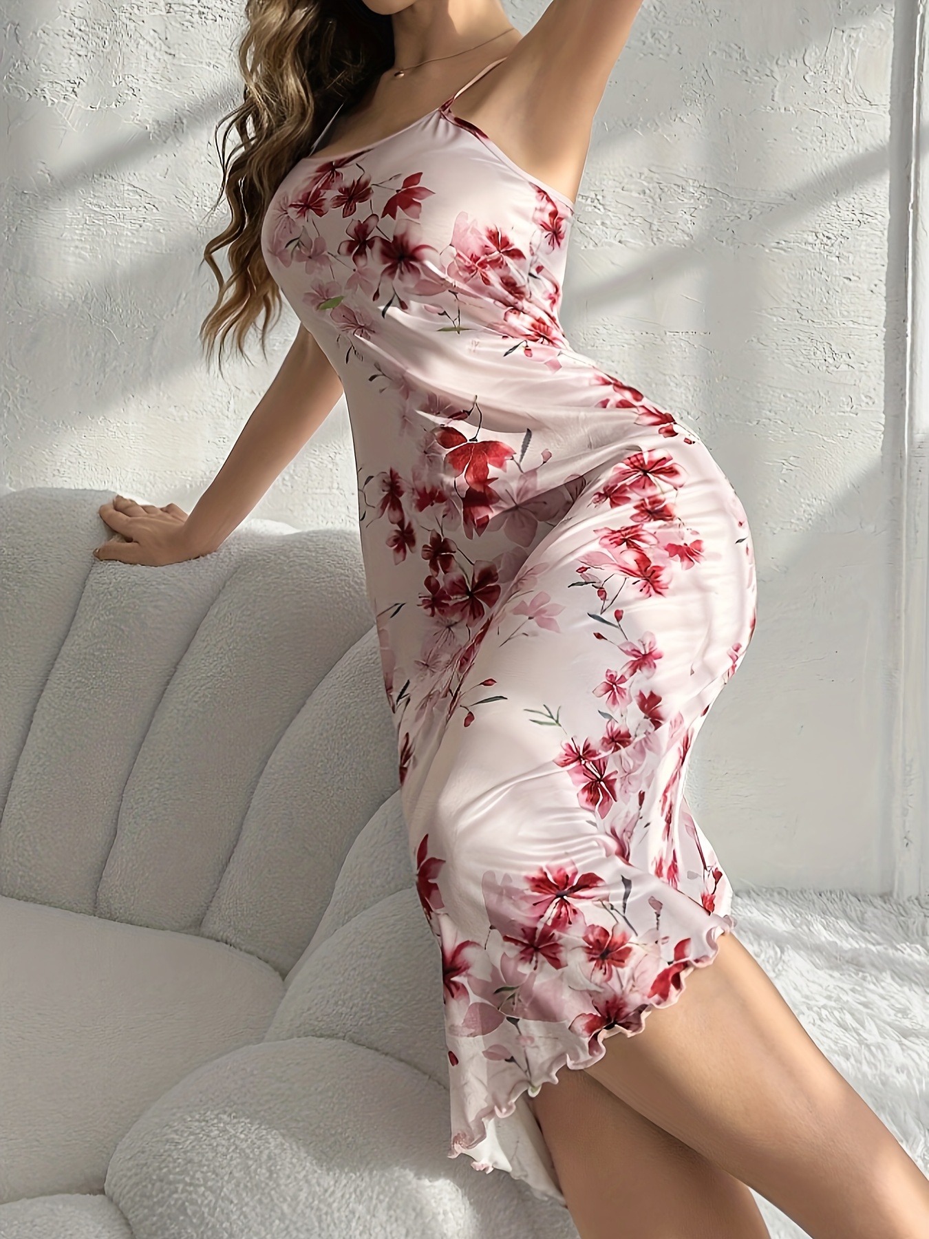 Sexy Floral Print Lettuce Trim Slip Nightdress, Round Neck Backless Midi Sleep Dress, Women's Sleepwear & Dresses