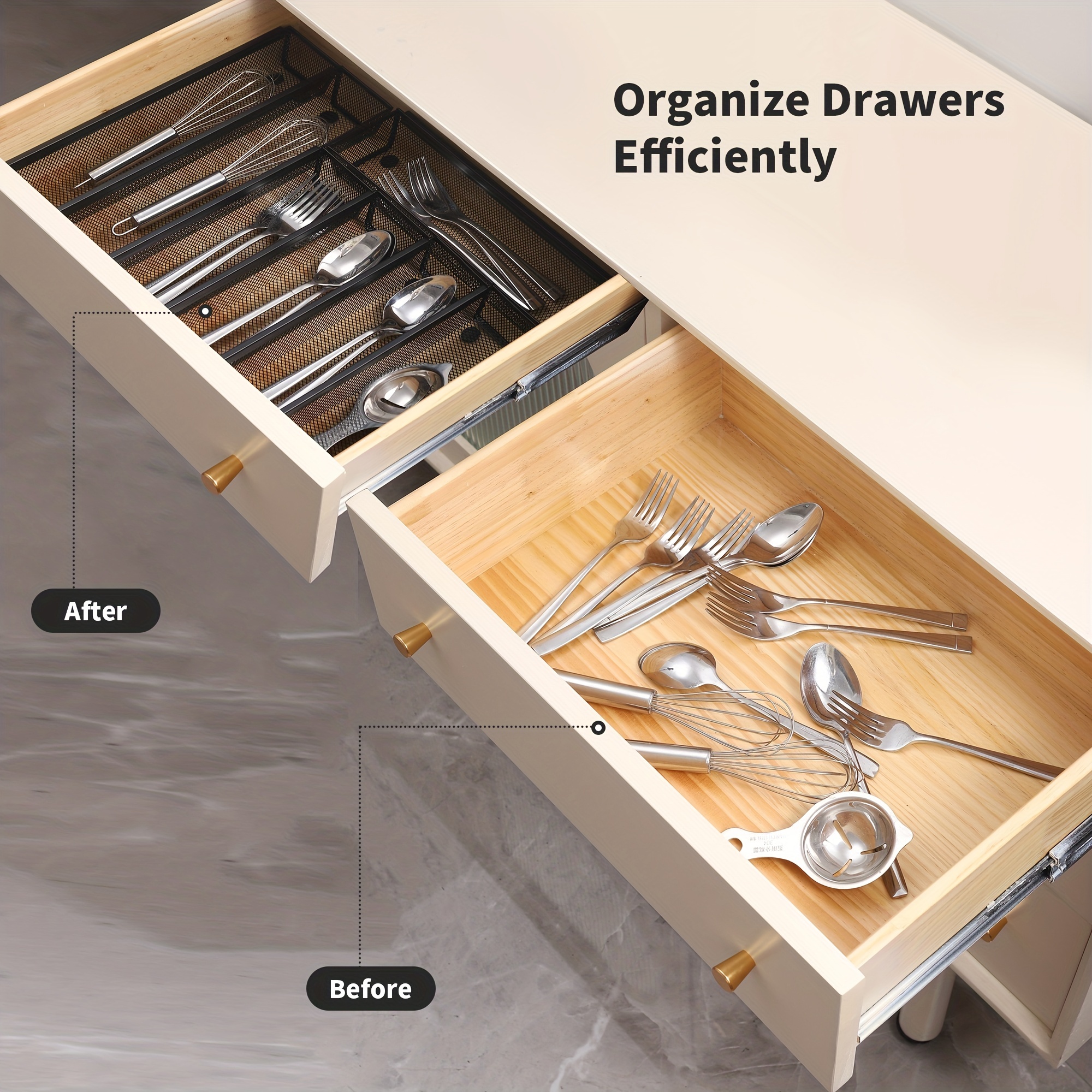 Silverware Drawer Organizer, Mesh Utensil Organizer for Kitchen Drawers,  Silverware Tray with Interlocking Arm, Narrow Utensil holder for Flatware,  Forks, Spoons, Knives (Set of 6) 