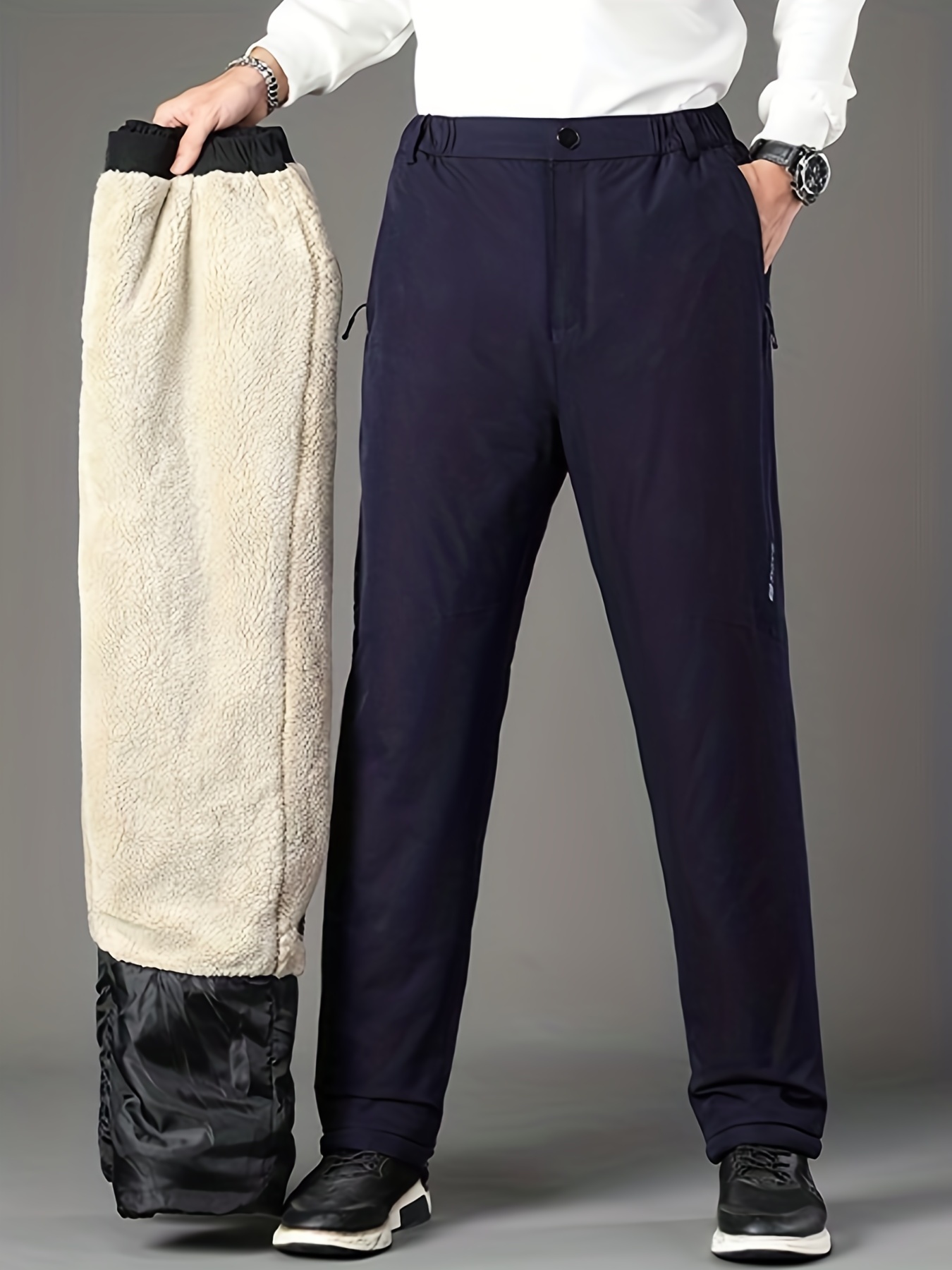 Mens Winter Thermal Jeans Fleece Lined Denim Pants Fit Straight Long  Trousers 