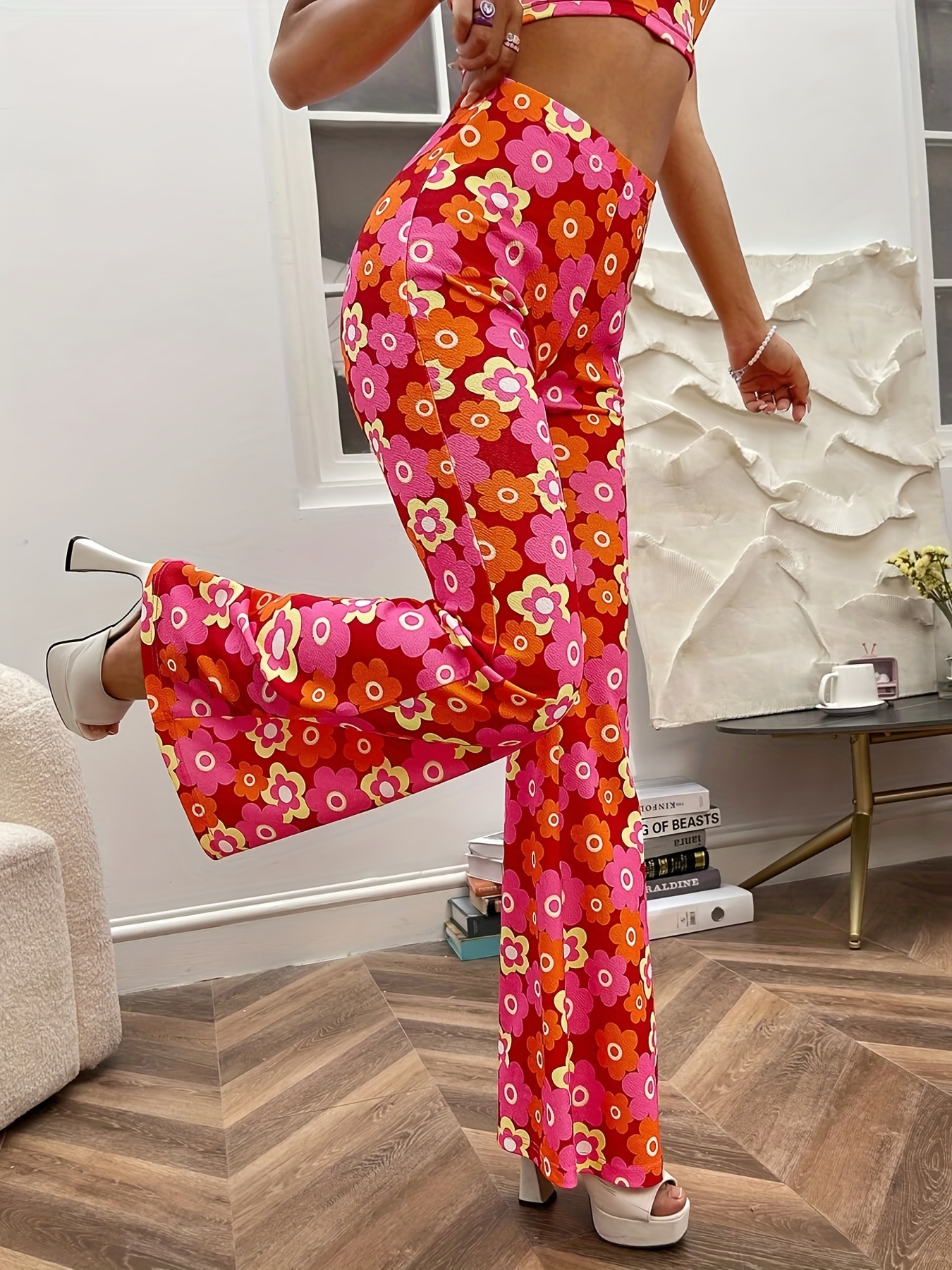 Floral Print High Waist Flare Leg Pants Cute Elastic Waist - Temu