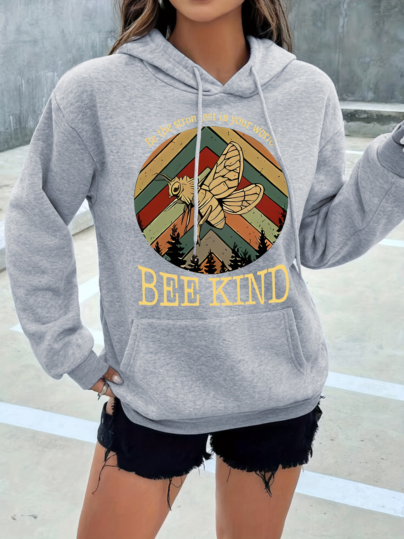 Bee Graphic Letter Print Fleece Lined Sports Hoodie Drawstring