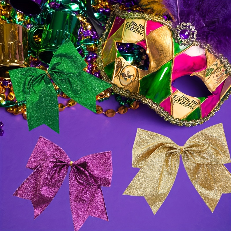 Hying Mardi Gras Bows for Wreath, Fat Tuesday Wreath Bows Glitter Purple Green Craft Bows New Orleans Farmhouse Tree Topper Bows Ornaments for Front