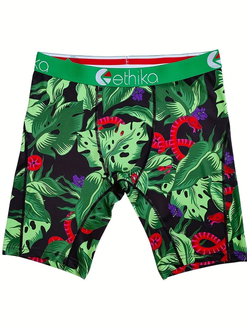 Men's Tropical Plants Print Breathable Boxer Briefs, Novelty Comfortable High Elastic Underwear details 4