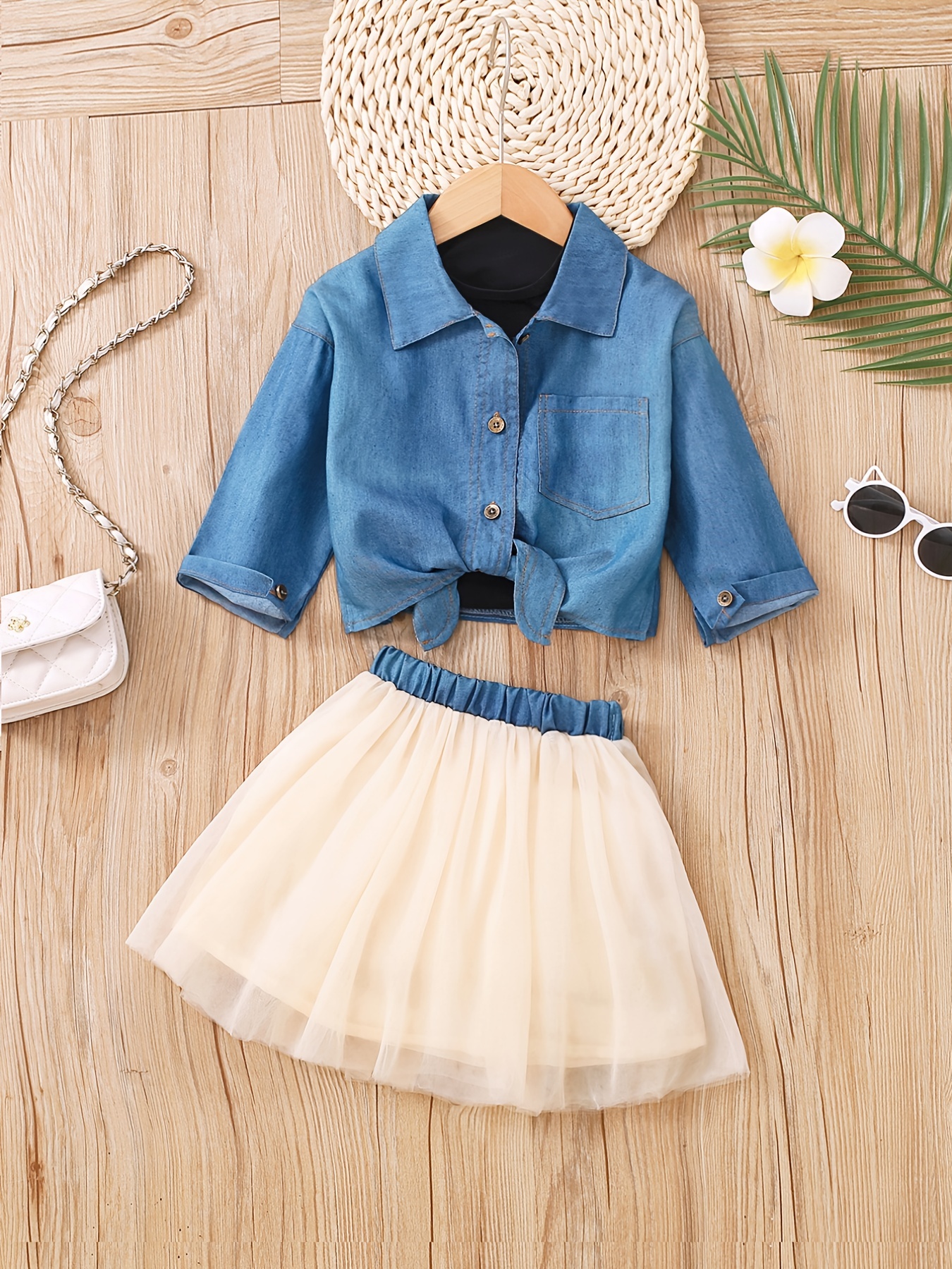 denim outfit set long sleeve shirt midi skirt Temu United Arab
