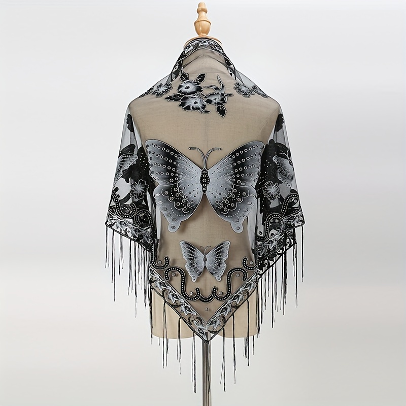 Butterfly Embroidered Tassel Shawl Triangle Scarf Lace Wrap for Party