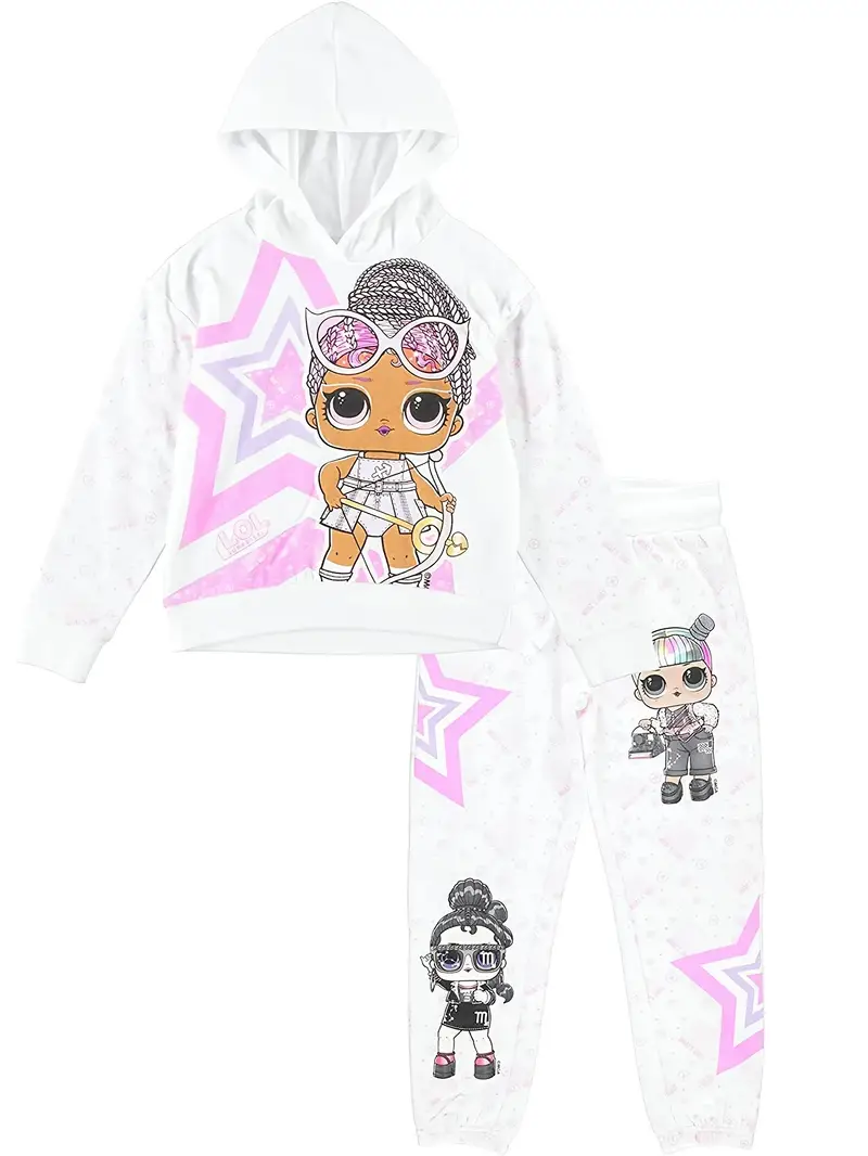 young girl star cartoon graphic pullover hoodie and jogger clothing set details 1
