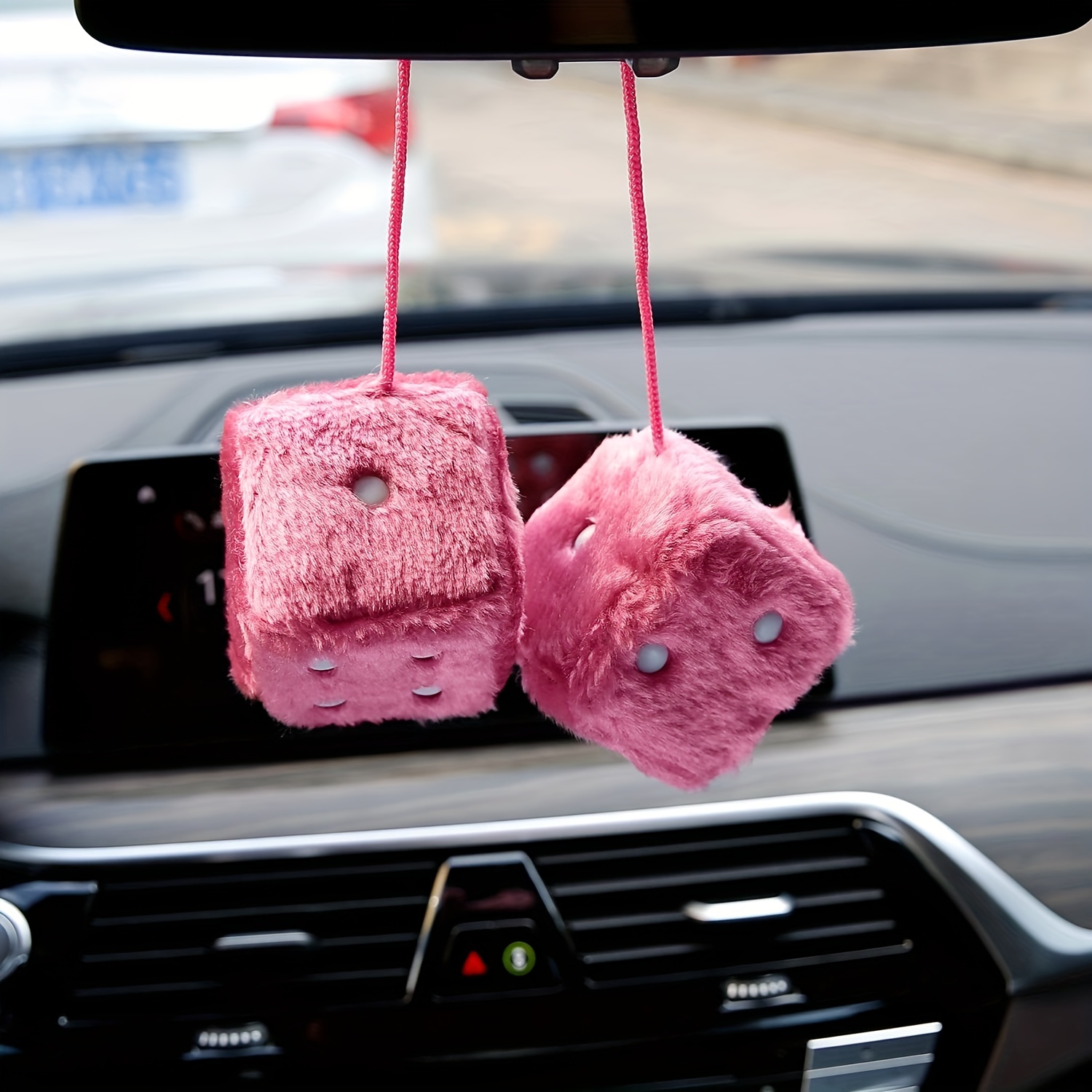 Cute Retro Square Mirror Hanging Couple Dice Fuzzy Plush Car - Temu