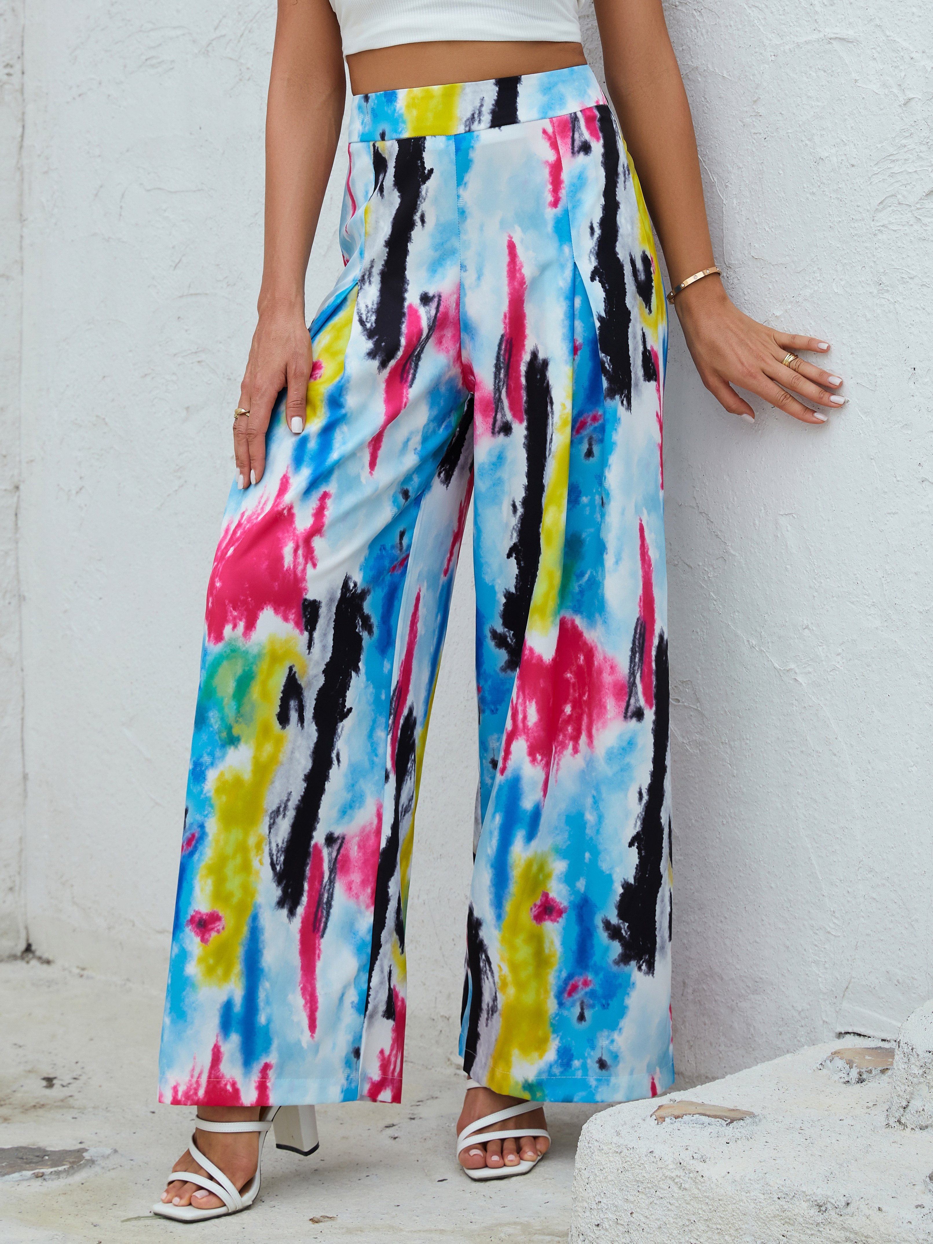 Colorful Print Pleated Wide Leg Pants, Casual Pants For Fall & Spring,  Women's Clothing