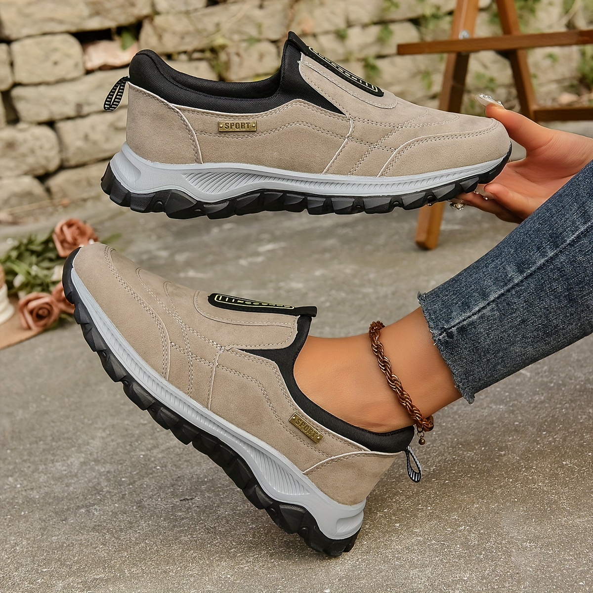 womens letter pattern fashion slip on walking shoes non slip lightweight outdoor athletic sneakers details 0