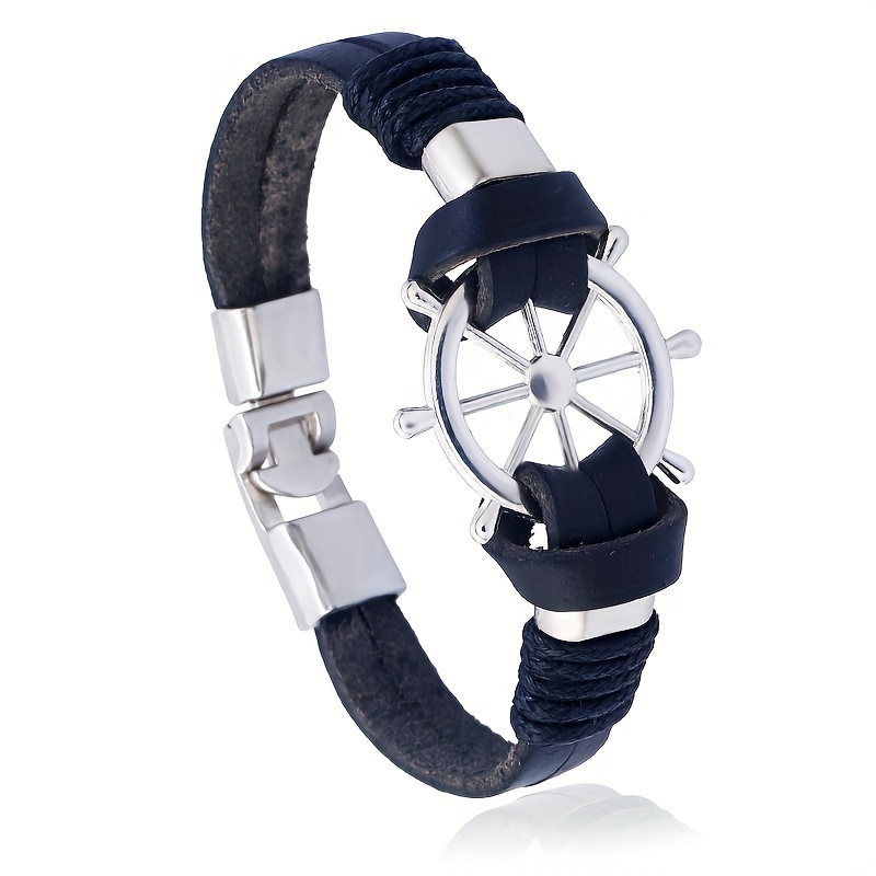 Men's Ship Wheel Helm and Leather Sailor Bracelet