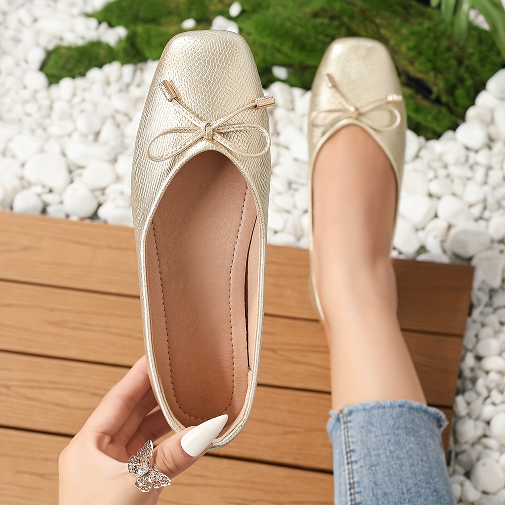 Women s Bow Flat Shoes Fashion Square Toe Golden Shoes match - Temu