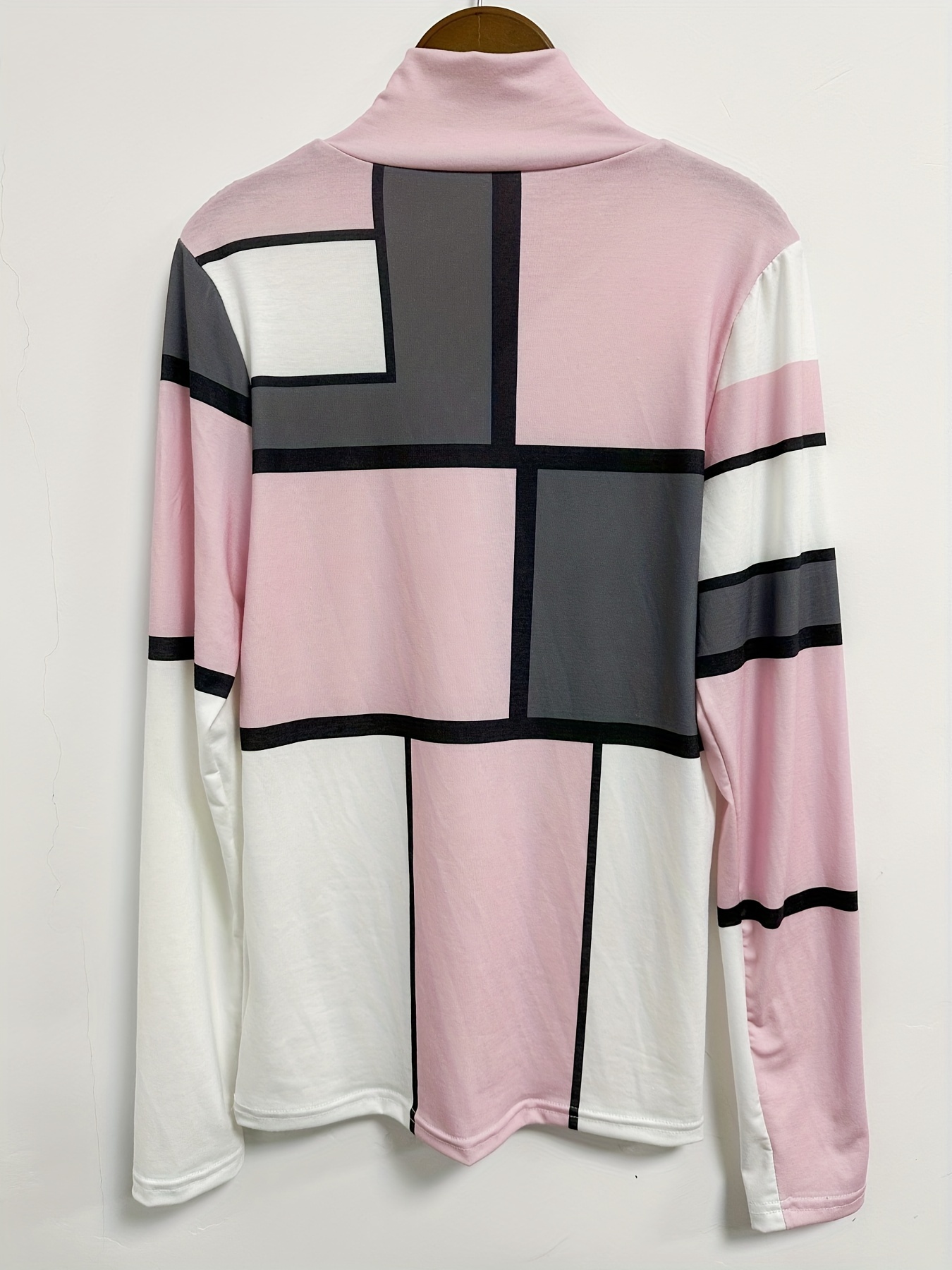 Women's Casual Geometric Print Contrast Plaid V-Neck Long Sleeve Top - Soft Stretchy Fabric, Machine Washable, Spring & Autumn Essential in Pink/White/Black/Grey, Transitional Season Clothing, Easycare Fabric