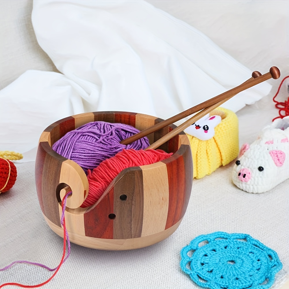 QJH Wooden Yarn Bowl Knitting Yarn Bowls with Holes Crochet Bowl Holder  Handmade Yarn Storage Bowl for DIY Knitting Crocheting