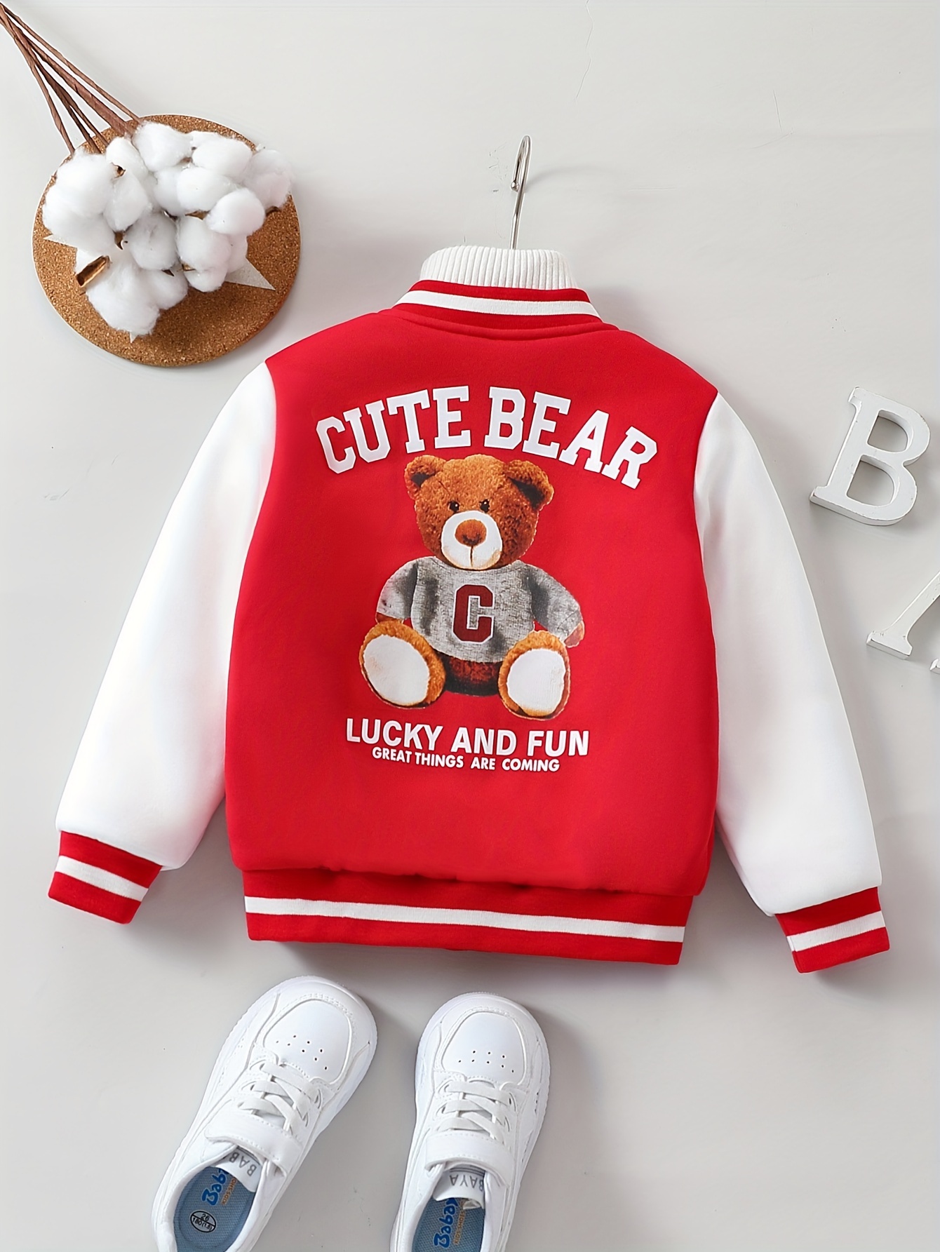 Kid's Letter C Patched Fleece Varsity Jacket, Preppy Style Bomber Jacket,  Boy's Clothes For Winter Fall Outdoor