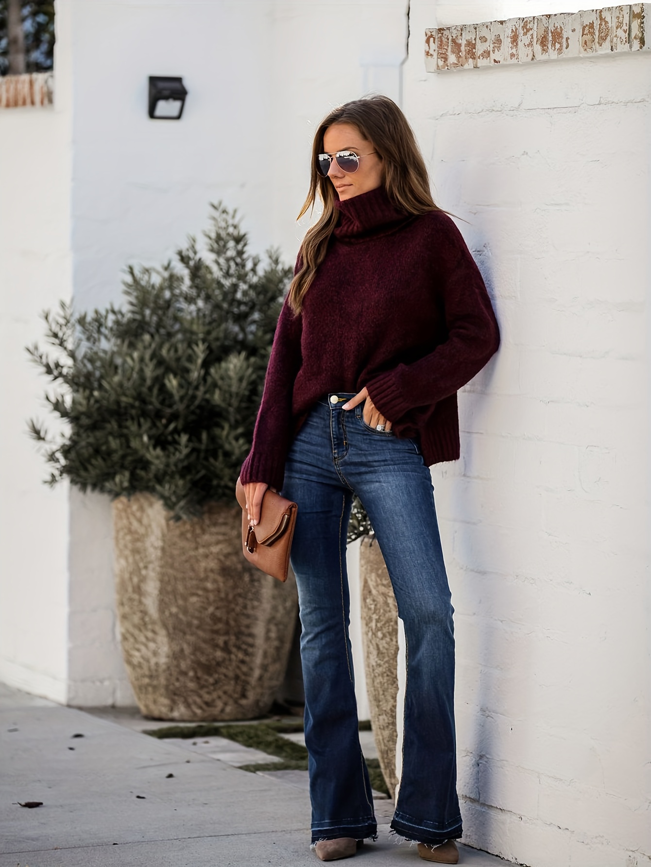 Washed Bell Bottom Flare Pants with Pockets in Burgundy