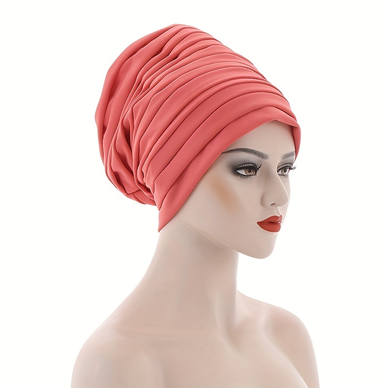 Layered Pleated Turban Cap Elastic Head Wrap Solid Ramadan Head Scarf