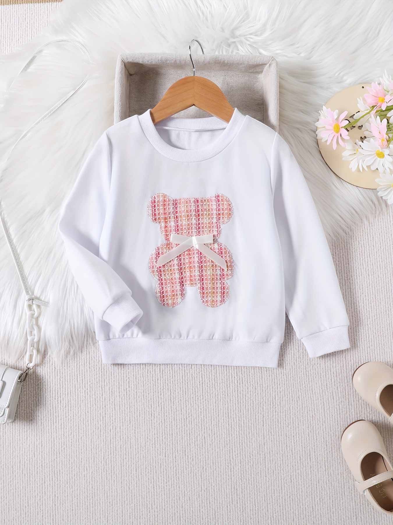 Mini Lady Toddler Girl 2pcs Bear Print Short-sleeve White T-shirt Top and Plaid Tweed Pink Skirt Set