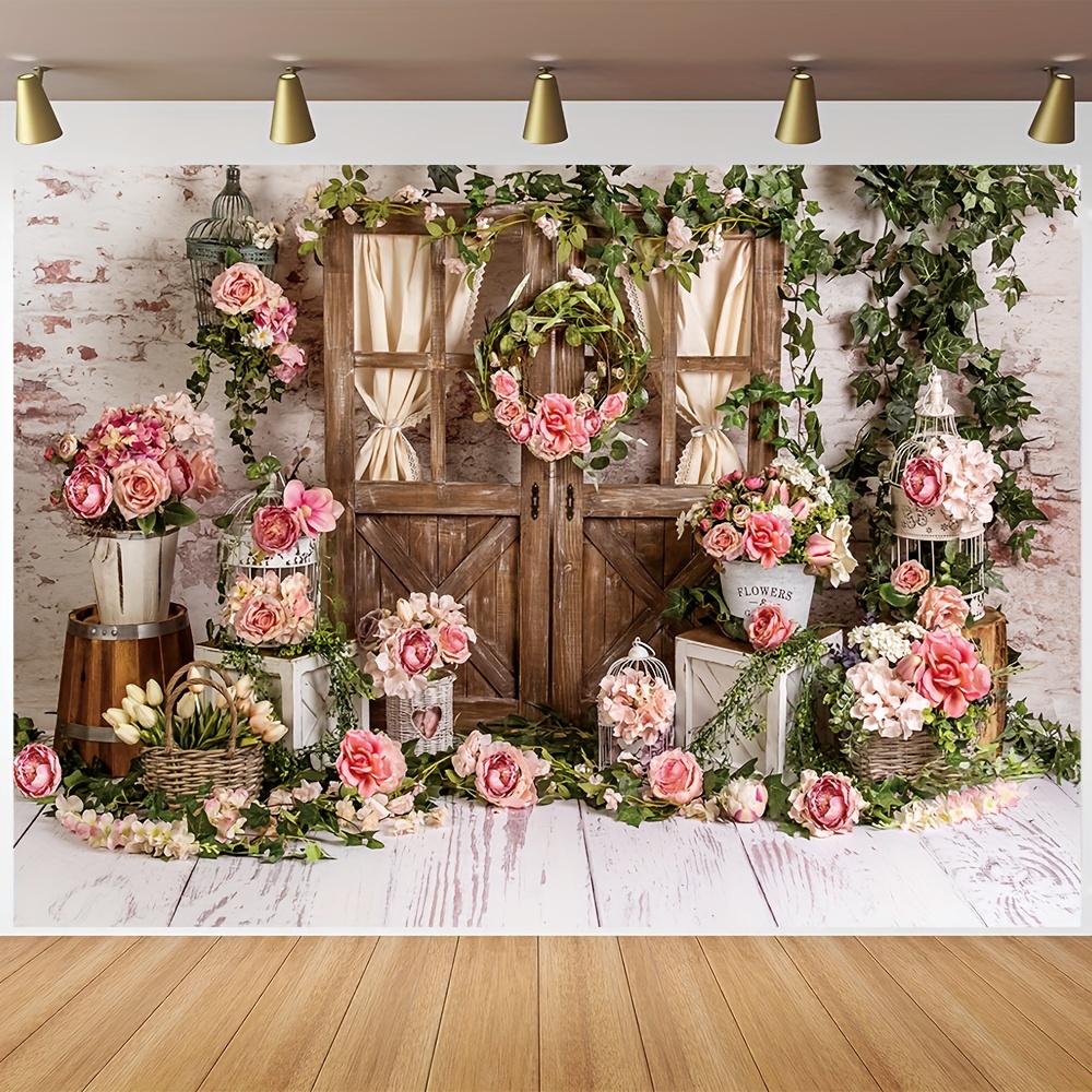 

1pc, Spring Wreath Photography Backdrop, Vinyl Farmhouse Vintage Wooden Door Rose Floral Pattern Baby Shower Photo Booth Photo Studio Props 82.6x59.0 Inch/94.4x70.8 Inch