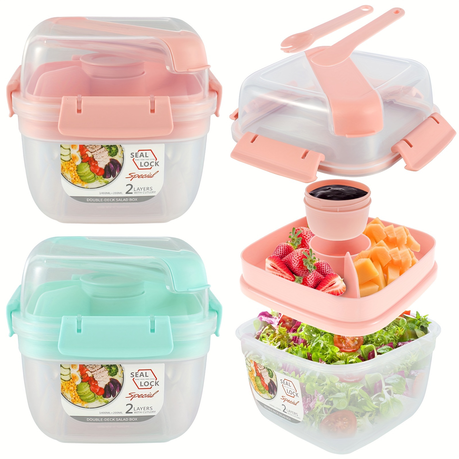 Bento Box Adult Lunch Box,Salad Container for Lunch with Large 52-oz Salad  Bowl,3-Compartment Bento-Style Tray and 3-oz Sauce Container for