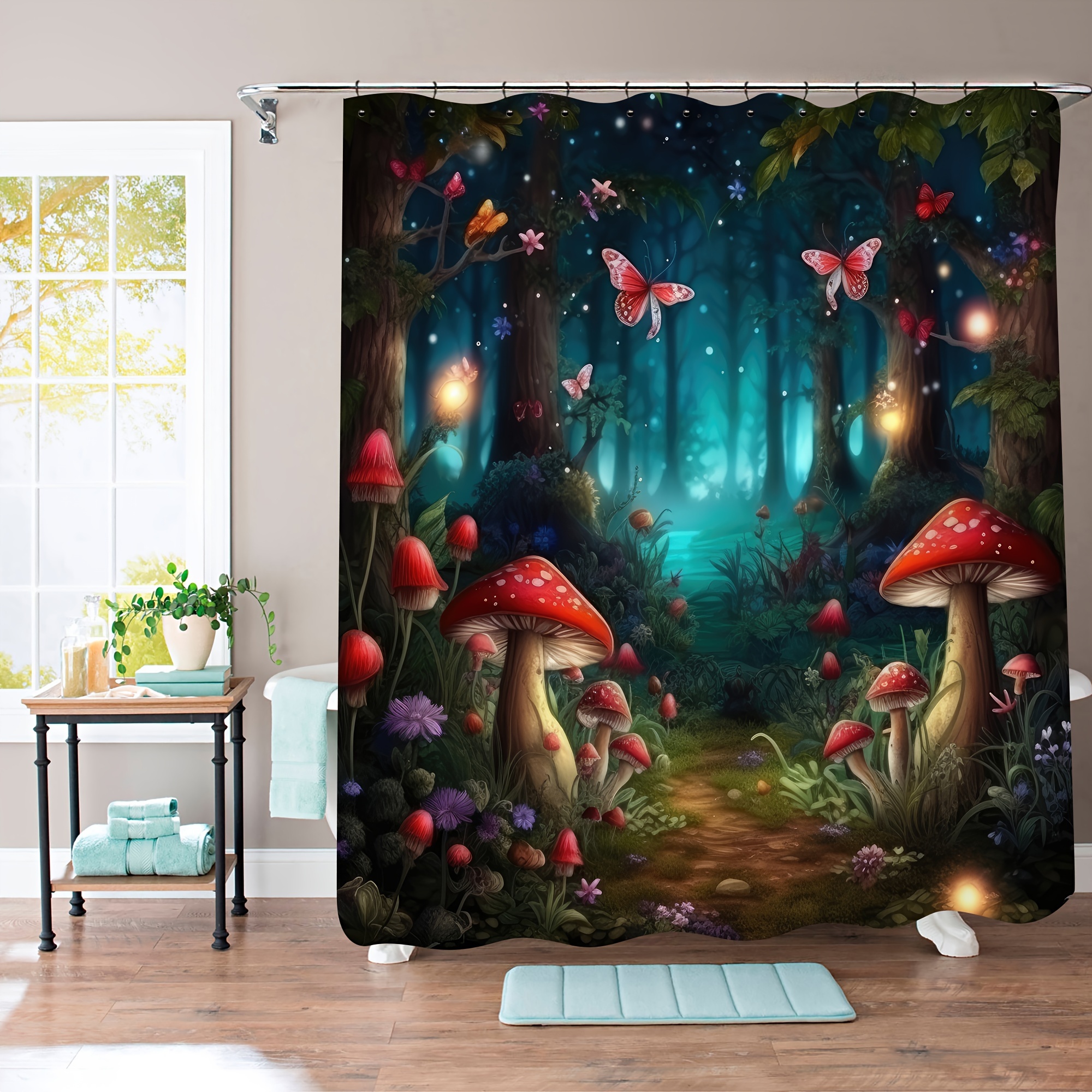 4PCS Mushroom Butterfly Flower Shower Curtain Set with Non-Slip top Rugs Toilet Lid