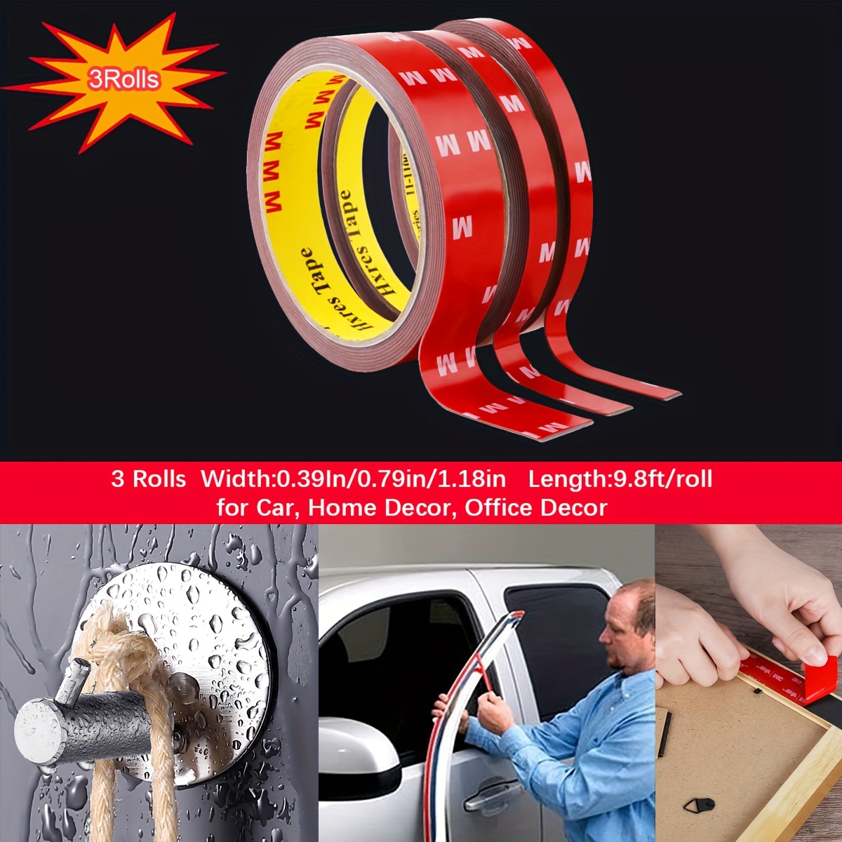 

3 Rolls Strong Double-sided Adhesive High Viscosity Car Special Adhesive Tape Super Strong Non-marking Sticky Adhesive High Temperature Resistant Fixed Adhesive Patch 9.8ft Long