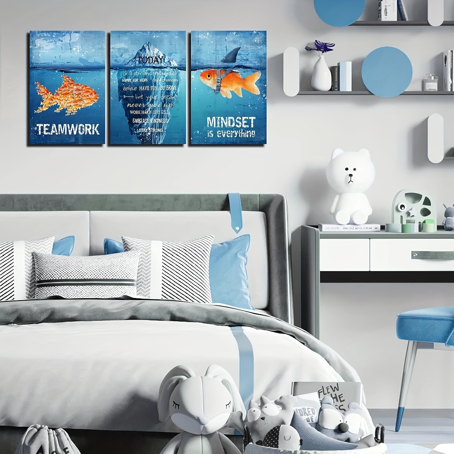 3pcs Mindset Is Everything Wall Art, Blue Motivational Posters Canvas Wall  Art Paintings, Bedroom Decor For Men, Fish Inspirational Quotes Posters, Fo