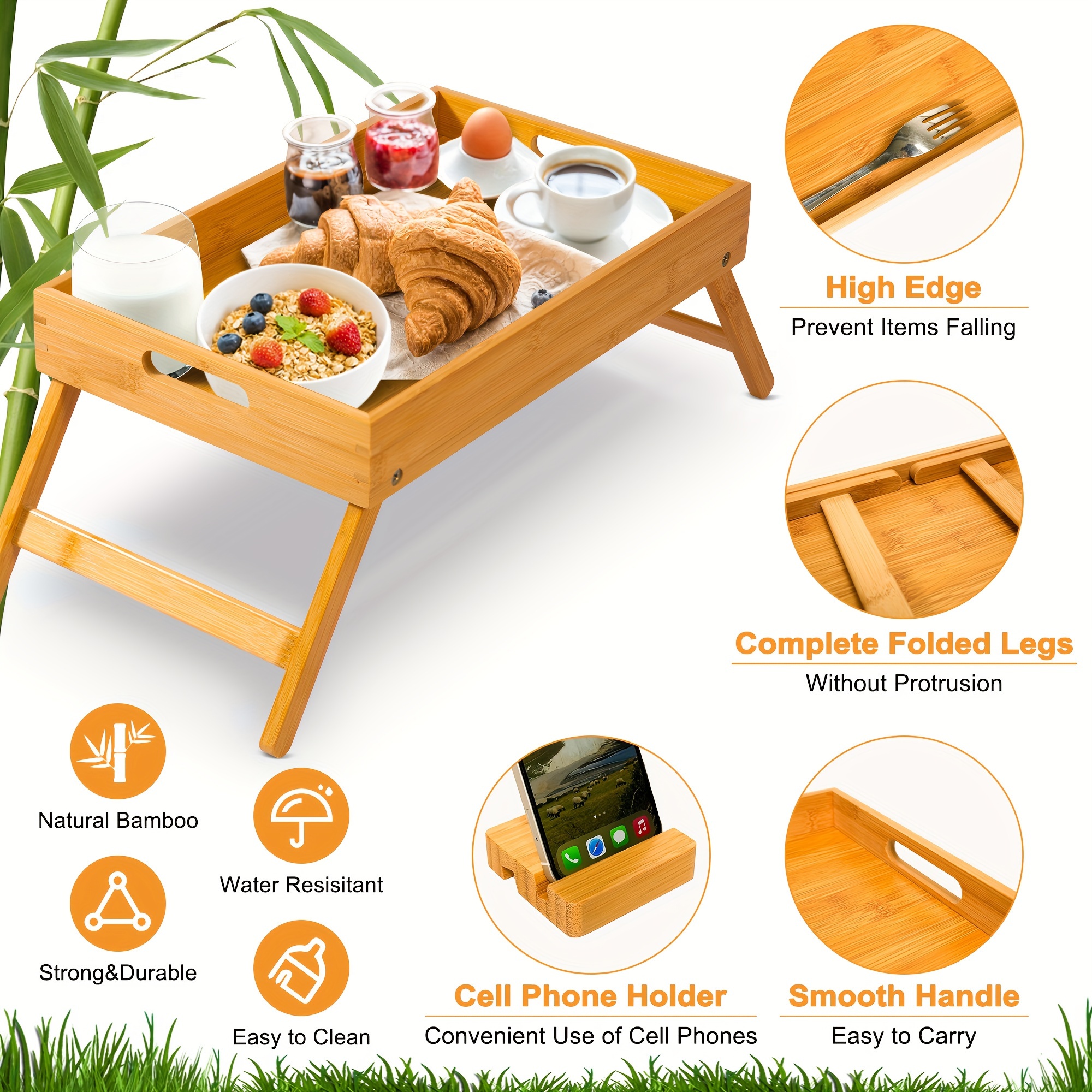 1pc Bamboo Lap Tray, Folding Legs, Carrying Handles, Holds Breakfast,  Meals, Laptop, Bed, Sofa, Outdoor, Table For Serving, Eating, Working