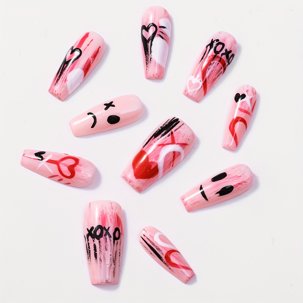 24PCS Coffin Long Fake Nails Pink Tai Chi Press on Nails French Tips  Graffiti acrylics Full Cover False Nails for Women and Girls 