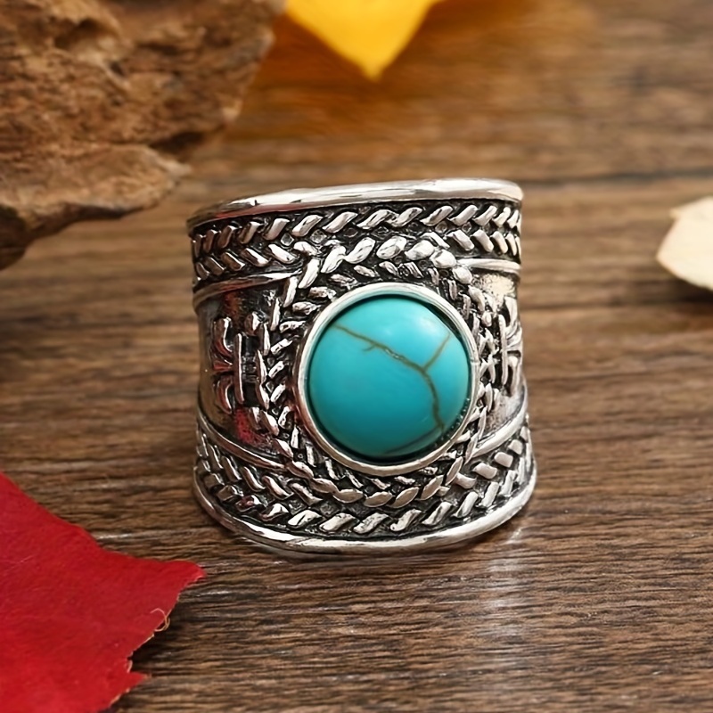 1pc Vintage Band Ring 18k Gold Plated Inlaid Turquoise Delicate Carving  Craft Adjustable Cuff Ring Suitable For Men And Women