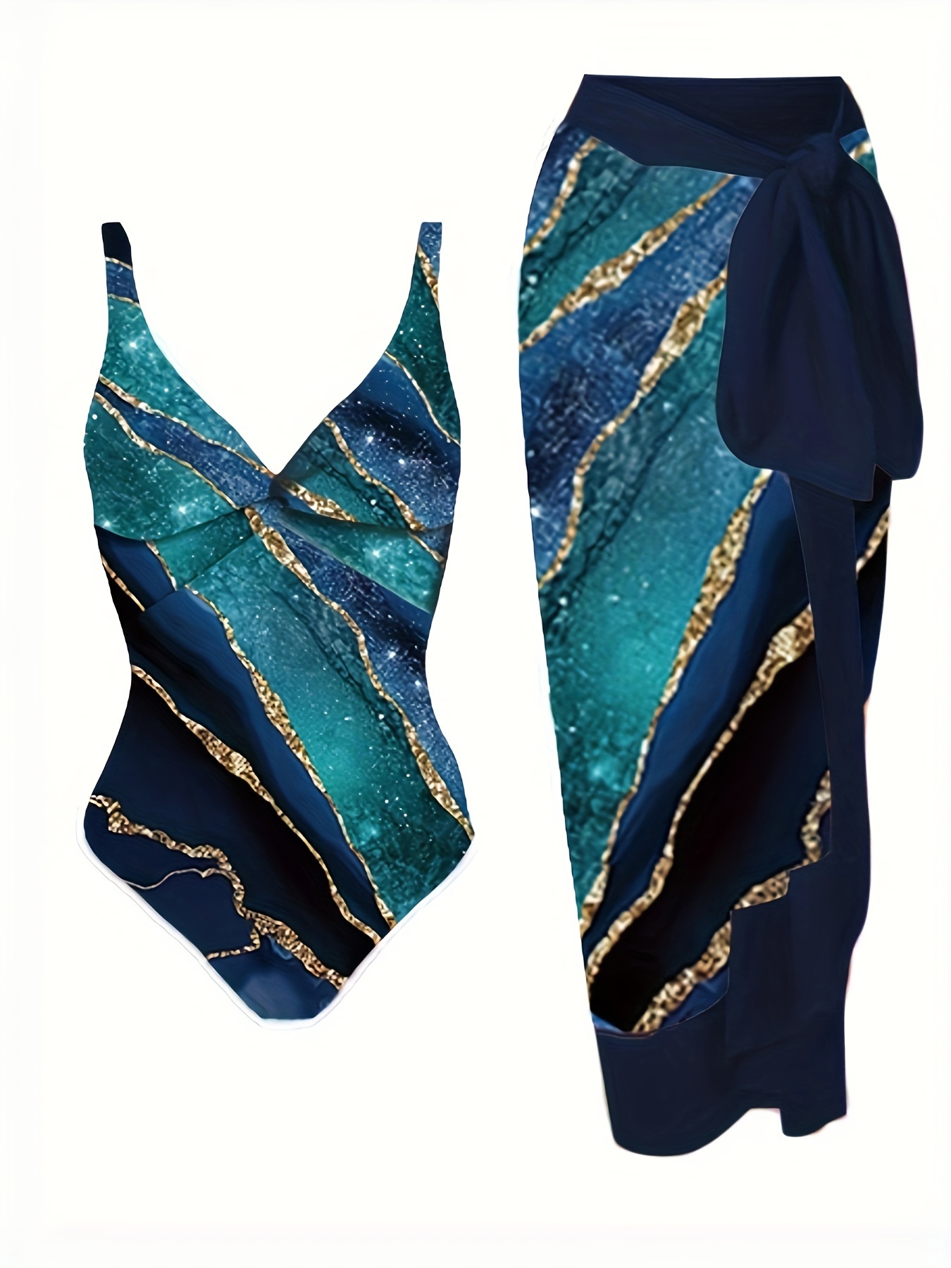 Marble Print Elegant Swimsuits V Neck High Stretch - Temu Canada