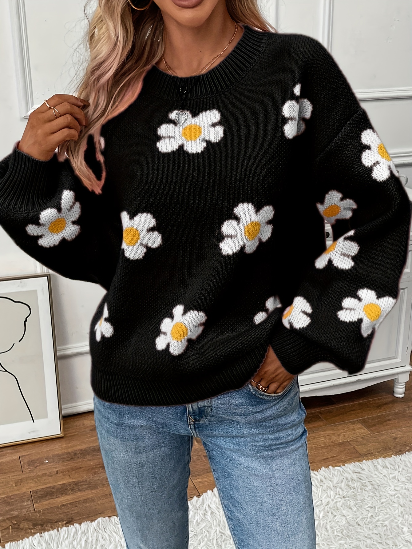 Floral Print Sweater Long Sleeve Pullover Women's Clothing