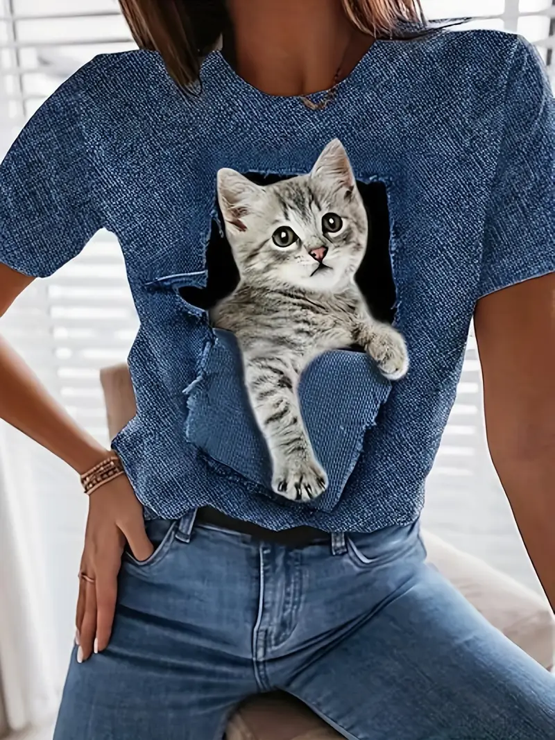 Cute Cat Print T shirt Casual Crew Neck Short Sleeve Summer - Temu United  Arab Emirates